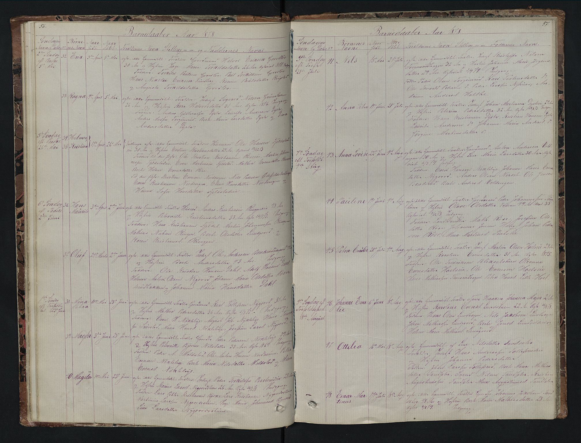 Vestre Toten prestekontor, SAH/PREST-108/H/Ha/Hab/L0007: Parish register (copy) no. 7, 1872-1900, p. 56-57