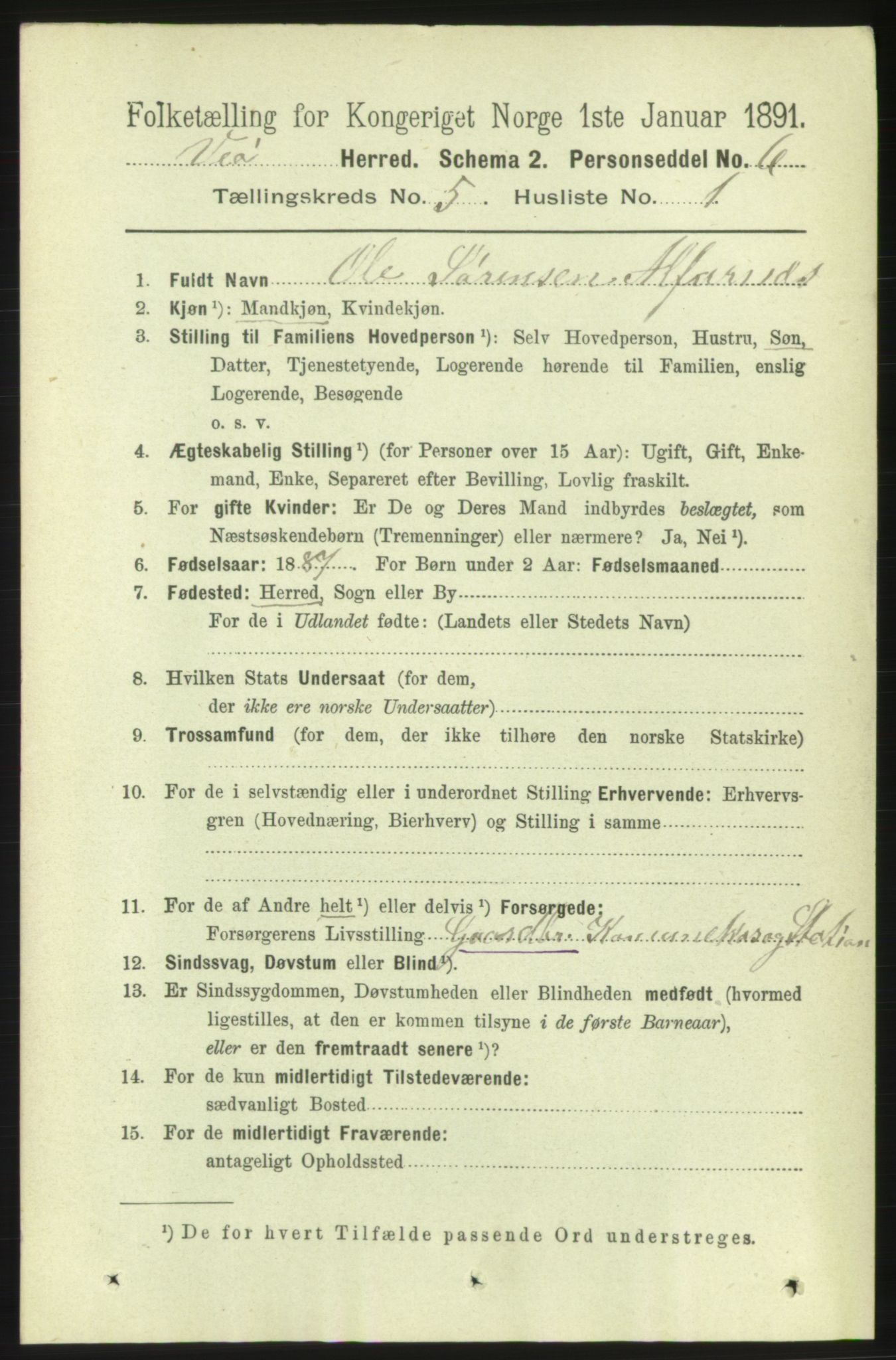 RA, 1891 census for 1541 Veøy, 1891, p. 2488