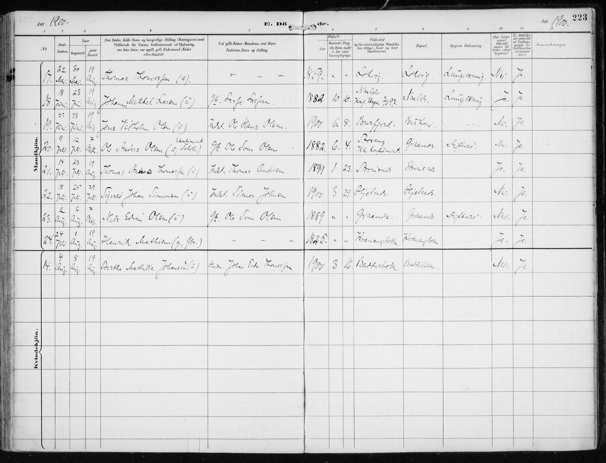 Skjervøy sokneprestkontor, AV/SATØ-S-1300/H/Ha/Haa/L0016kirke: Parish register (official) no. 16, 1892-1908, p. 223