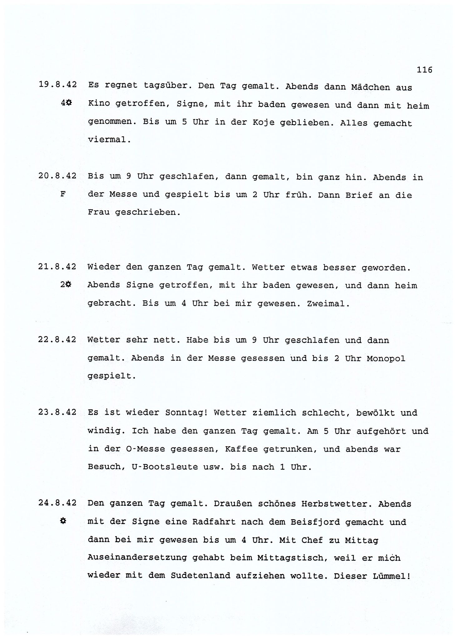Dagbokopptegnelser av en tysk marineoffiser stasjonert i Norge , FMFB/A-1160/F/L0001: Dagbokopptegnelser av en tysk marineoffiser stasjonert i Norge, 1941-1944, p. 116