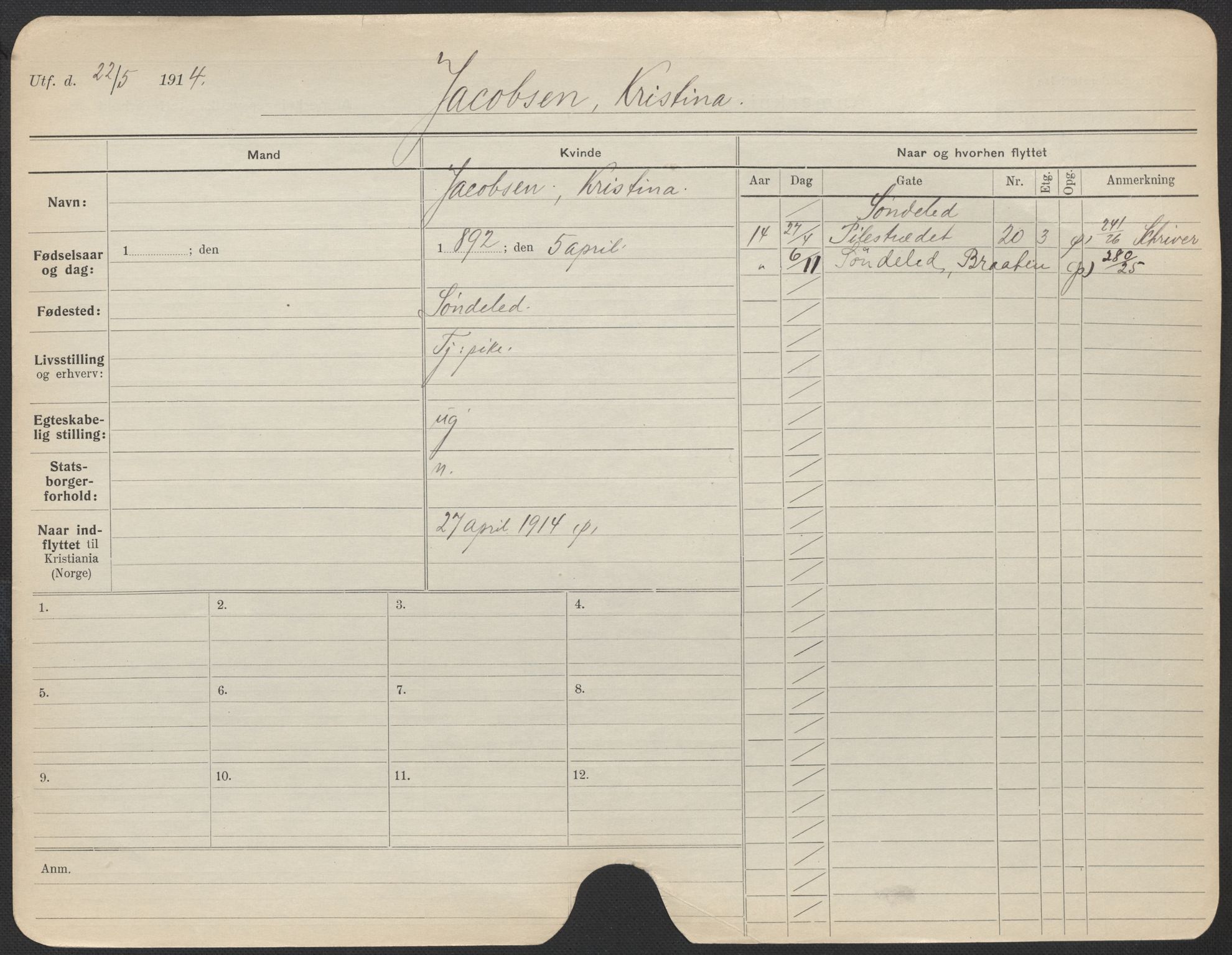 Oslo folkeregister, Registerkort, AV/SAO-A-11715/F/Fa/Fac/L0017: Kvinner, 1906-1914, p. 230a