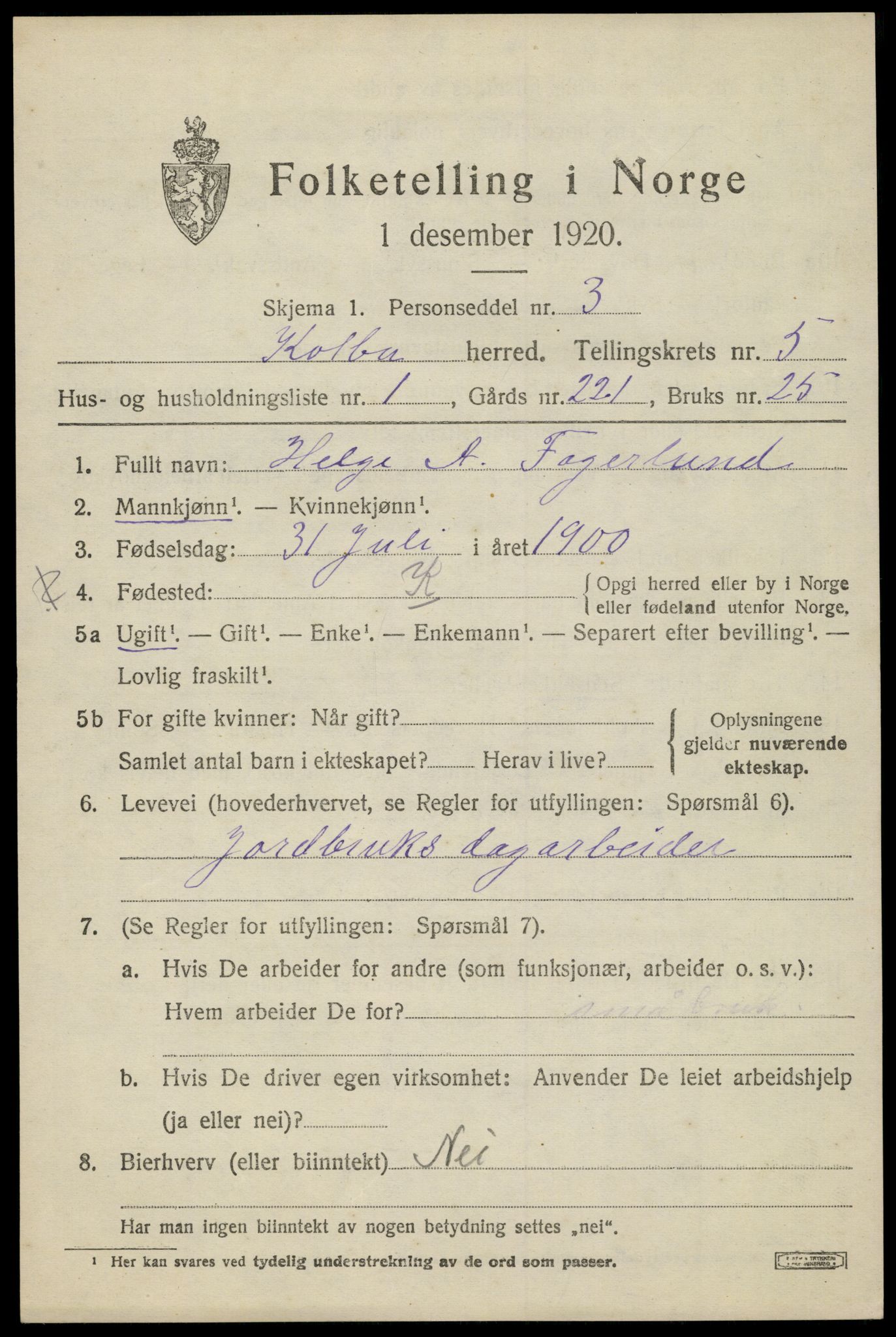 SAH, 1920 census for Kolbu, 1920, p. 3732