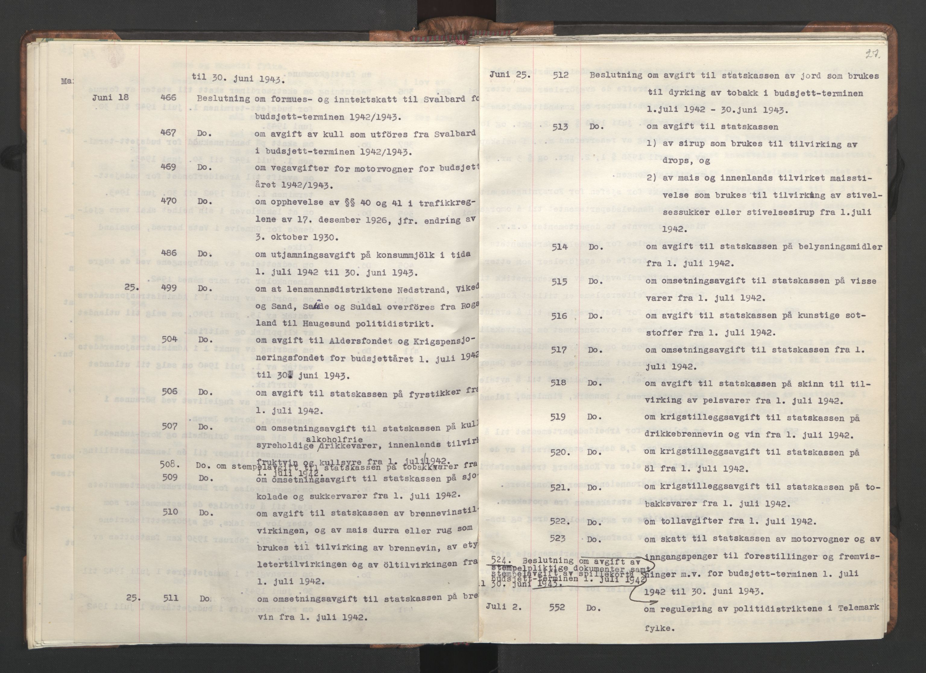 NS-administrasjonen 1940-1945 (Statsrådsekretariatet, de kommisariske statsråder mm), AV/RA-S-4279/D/Da/L0002: Register (RA j.nr. 985/1943, tilgangsnr. 17/1943), 1942, p. 30