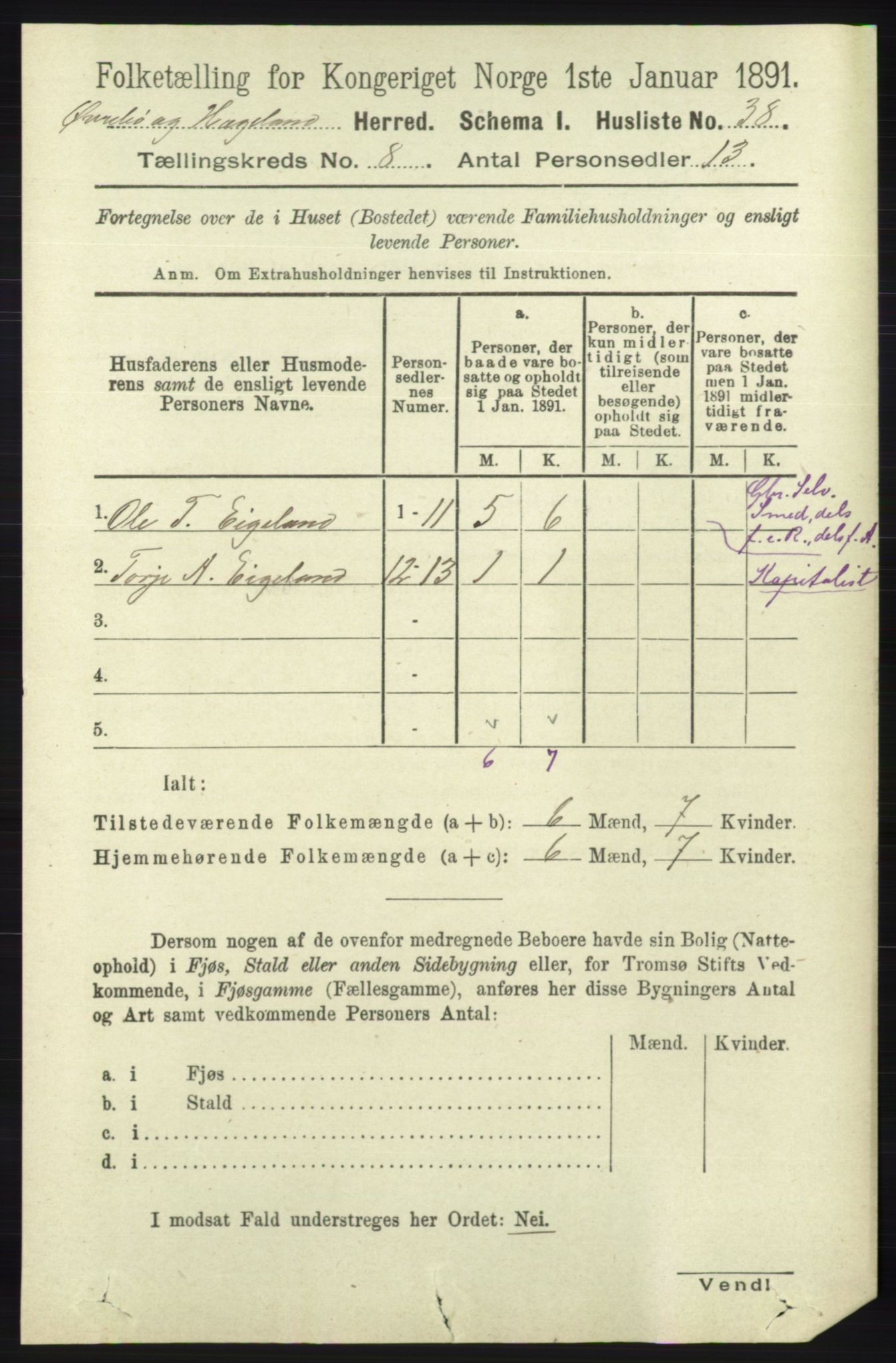 RA, 1891 census for 1016 Øvrebø og Hægeland, 1891, p. 1470