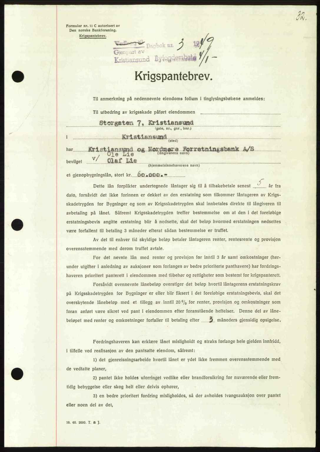 Kristiansund byfogd, AV/SAT-A-4587/A/27: Mortgage book no. 45, 1948-1949, Diary no: : 3/1949