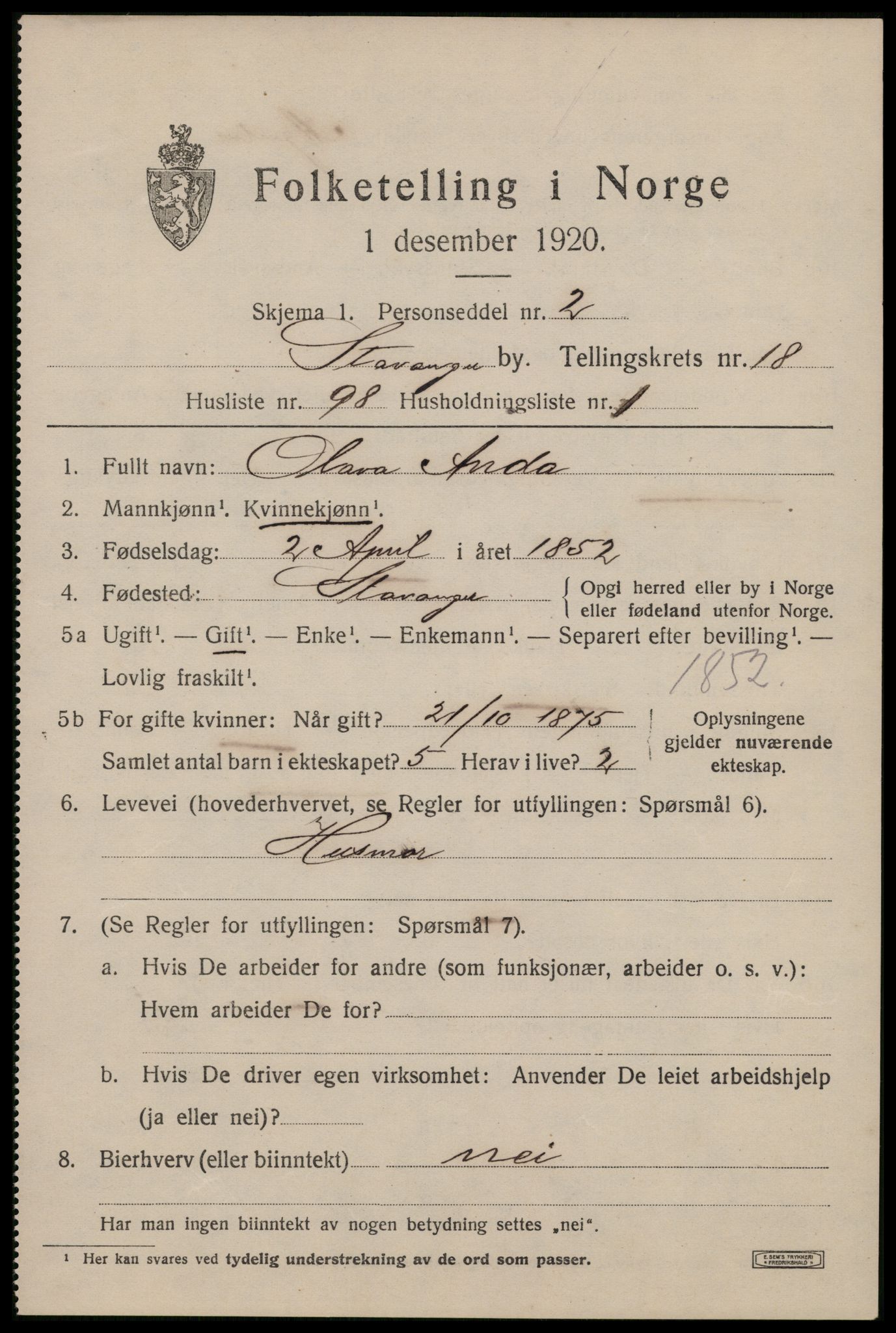 SAST, 1920 census for Stavanger, 1920, p. 67966