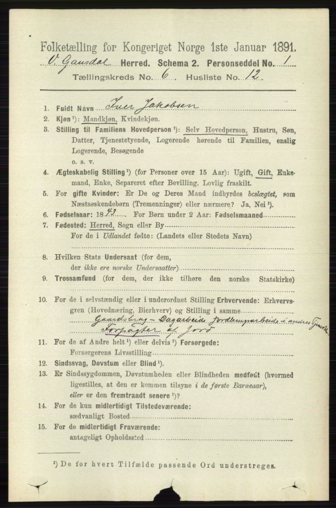 RA, 1891 census for 0523 Vestre Gausdal, 1891, p. 2630