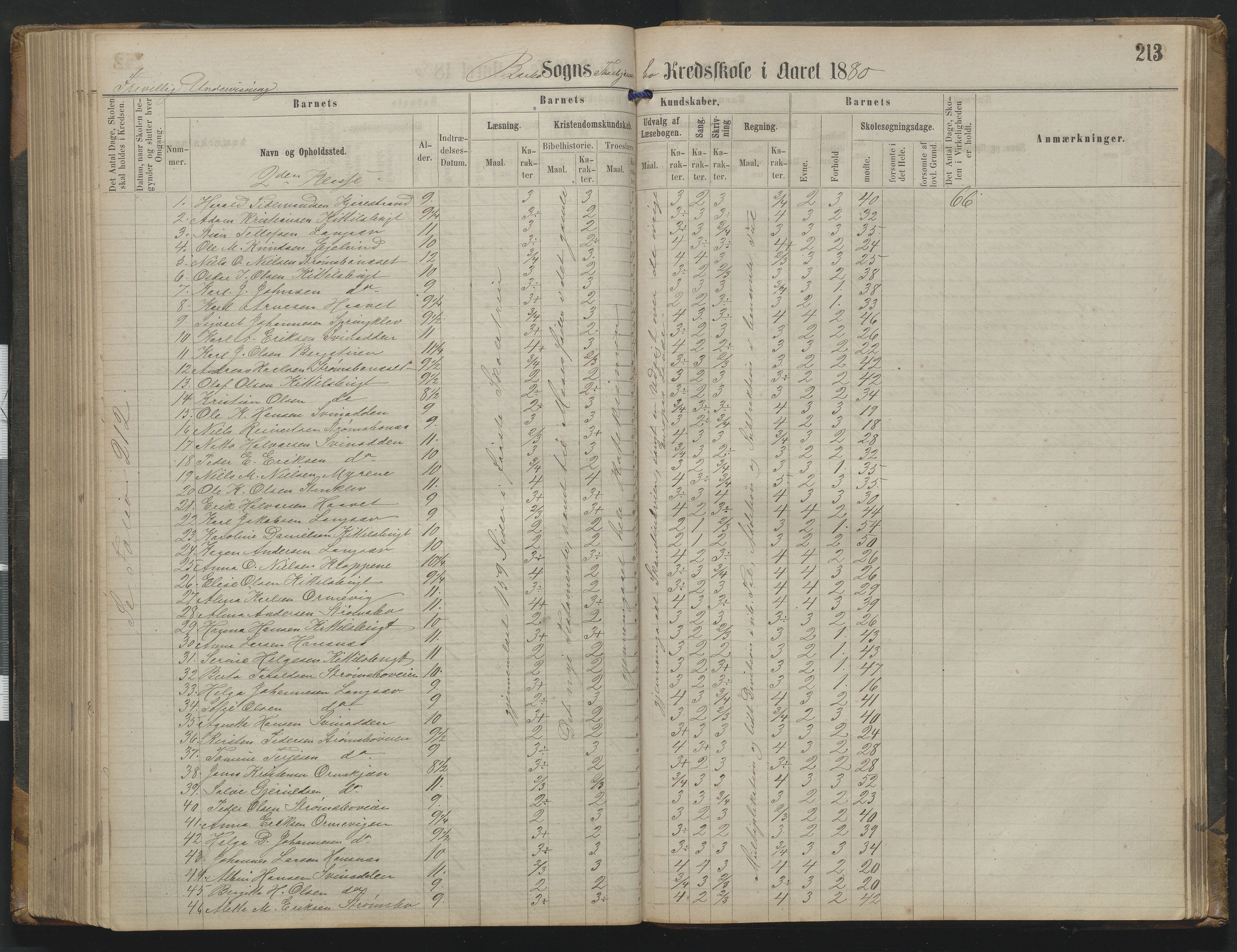 Arendal kommune, Katalog I, AAKS/KA0906-PK-I/07/L0342: Protokoll Torbjørnsbu skole, 1869-1890, p. 213