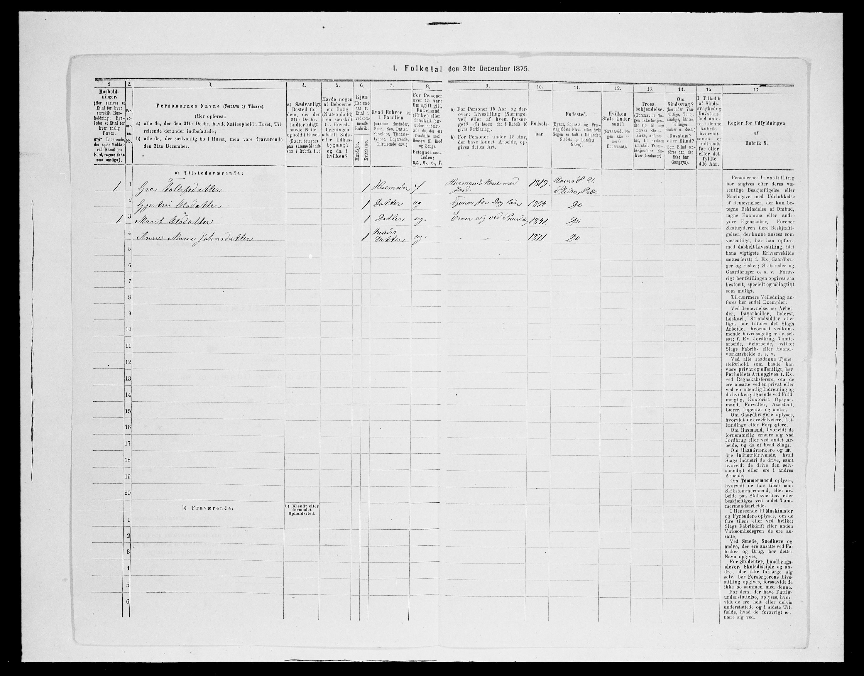 SAH, 1875 census for 0543P Vestre Slidre, 1875, p. 874