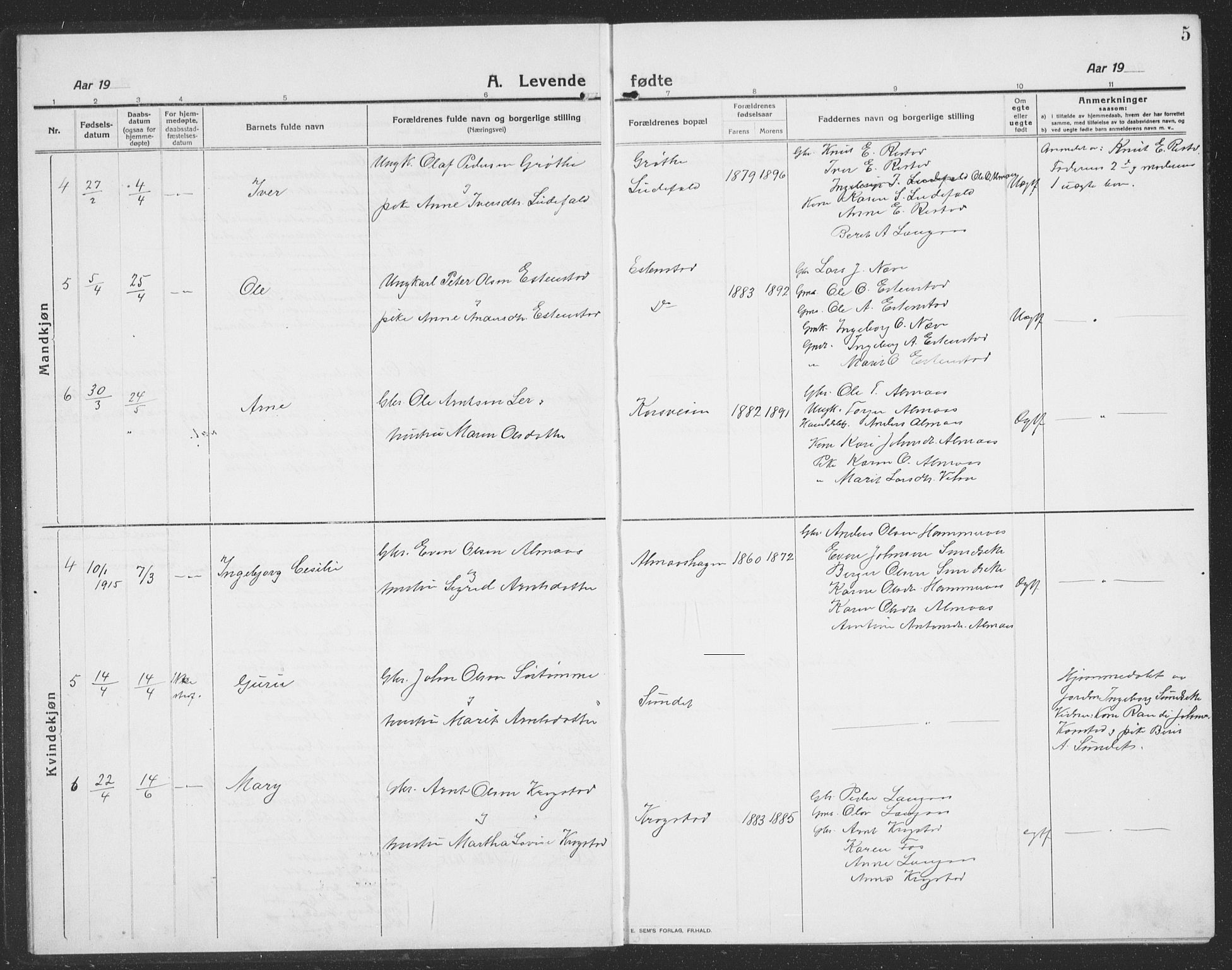 Ministerialprotokoller, klokkerbøker og fødselsregistre - Sør-Trøndelag, AV/SAT-A-1456/694/L1134: Parish register (copy) no. 694C06, 1915-1937, p. 5