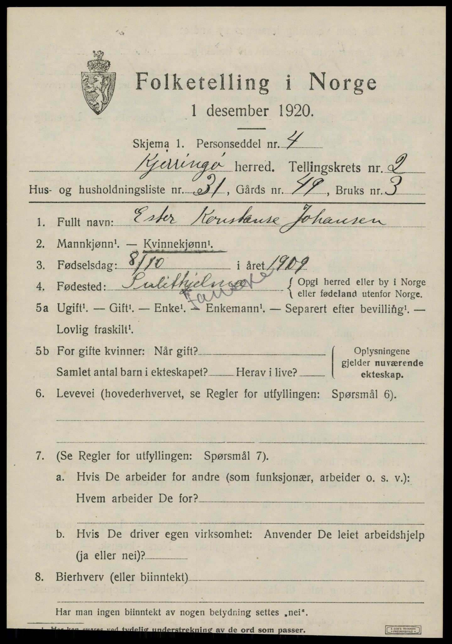 SAT, 1920 census for Kjerringøy, 1920, p. 1181