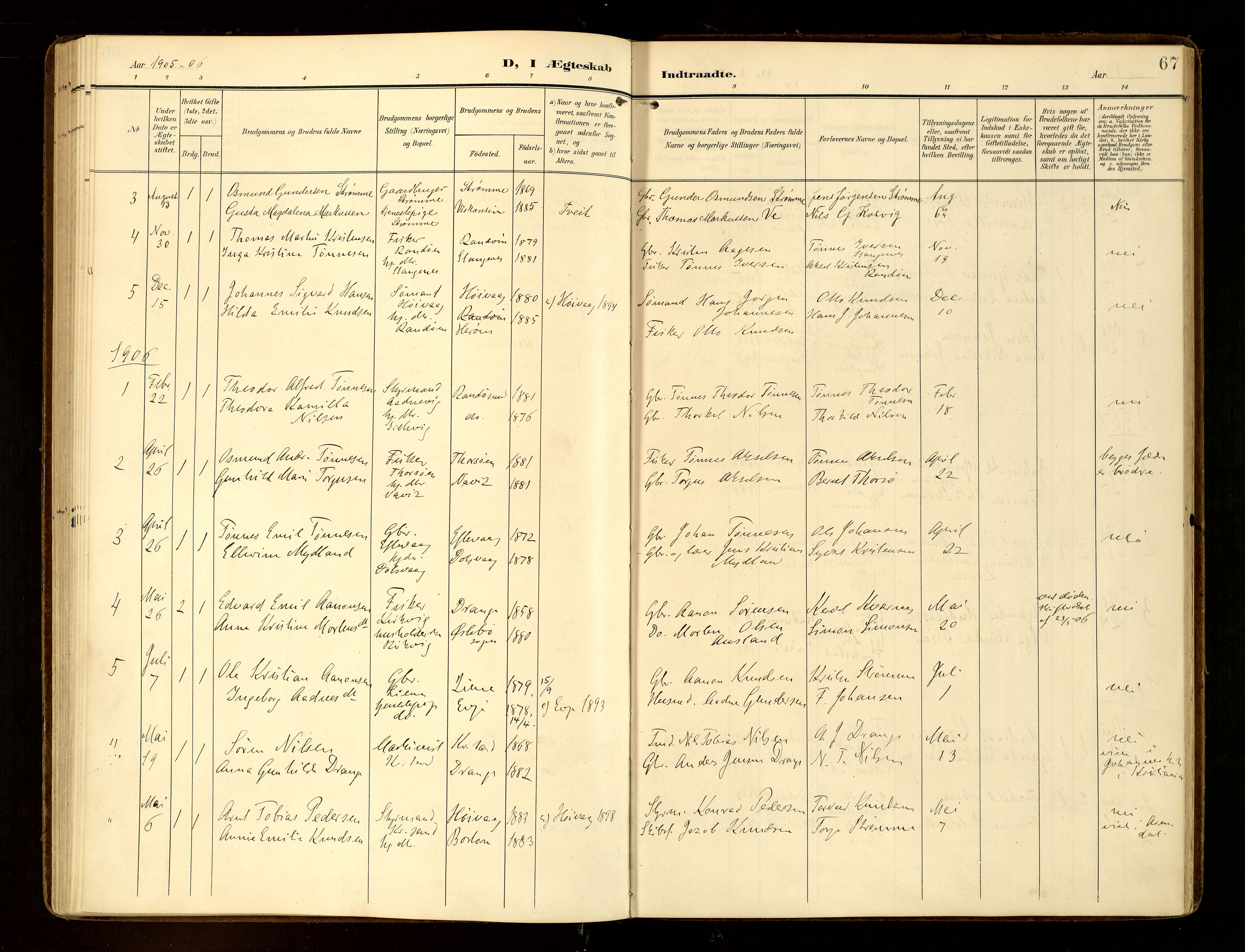 Oddernes sokneprestkontor, AV/SAK-1111-0033/F/Fa/Fab/L0003: Parish register (official) no. A 3, 1903-1916, p. 67