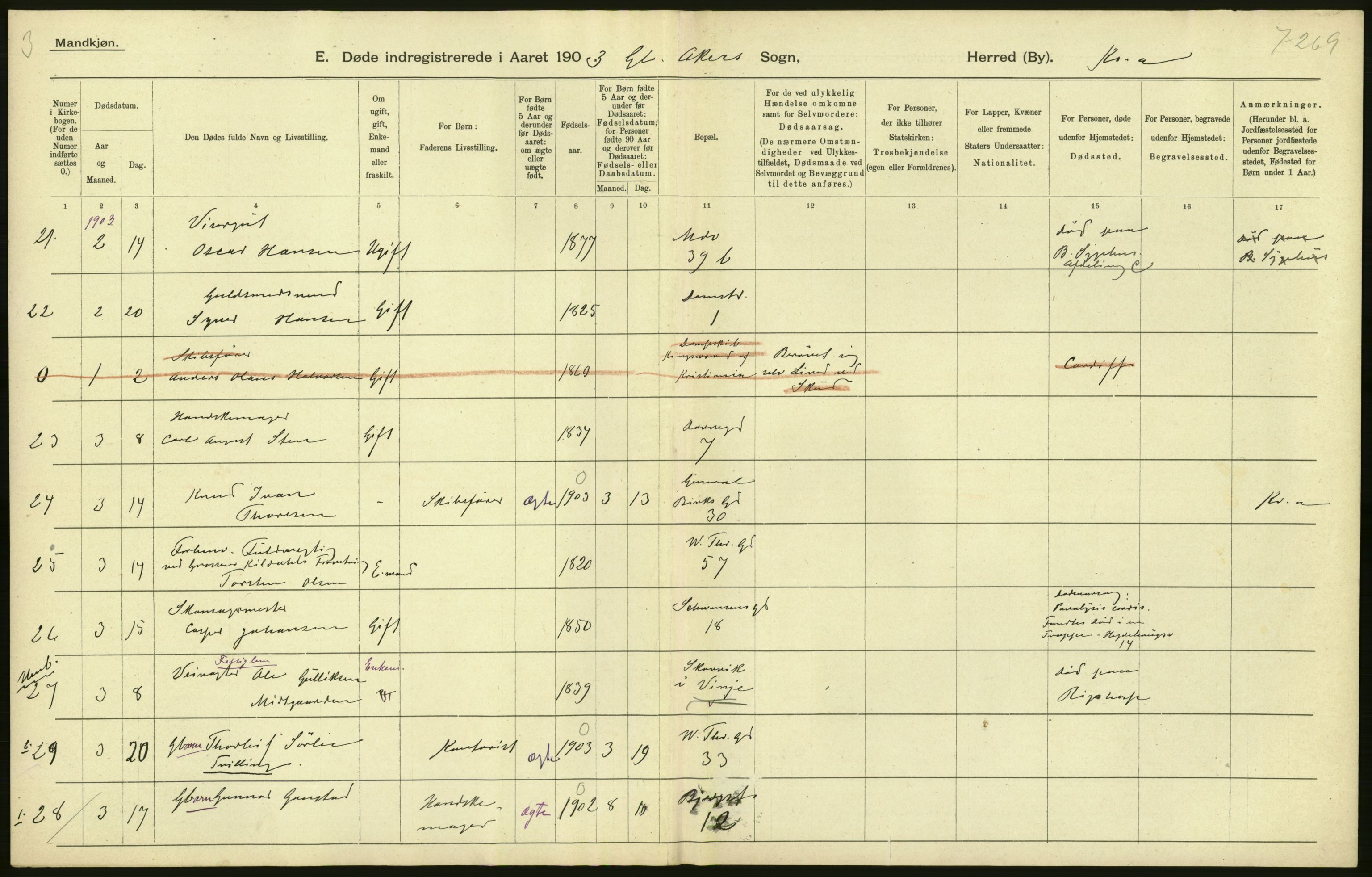 Statistisk sentralbyrå, Sosiodemografiske emner, Befolkning, AV/RA-S-2228/D/Df/Dfa/Dfaa/L0004: Kristiania: Gifte, døde, 1903, p. 62