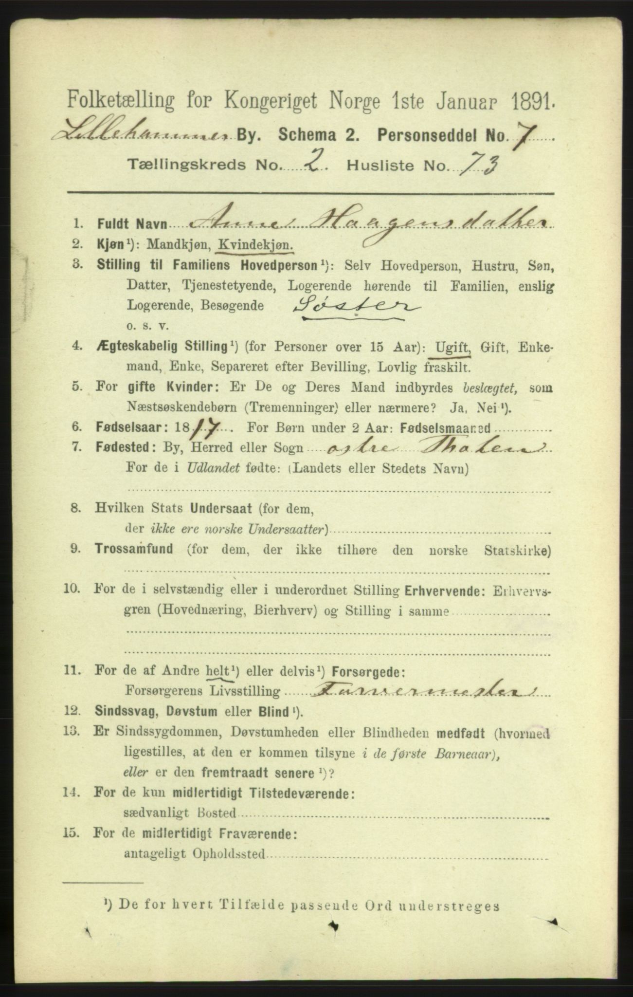 RA, 1891 census for 0501 Lillehammer, 1891, p. 1992