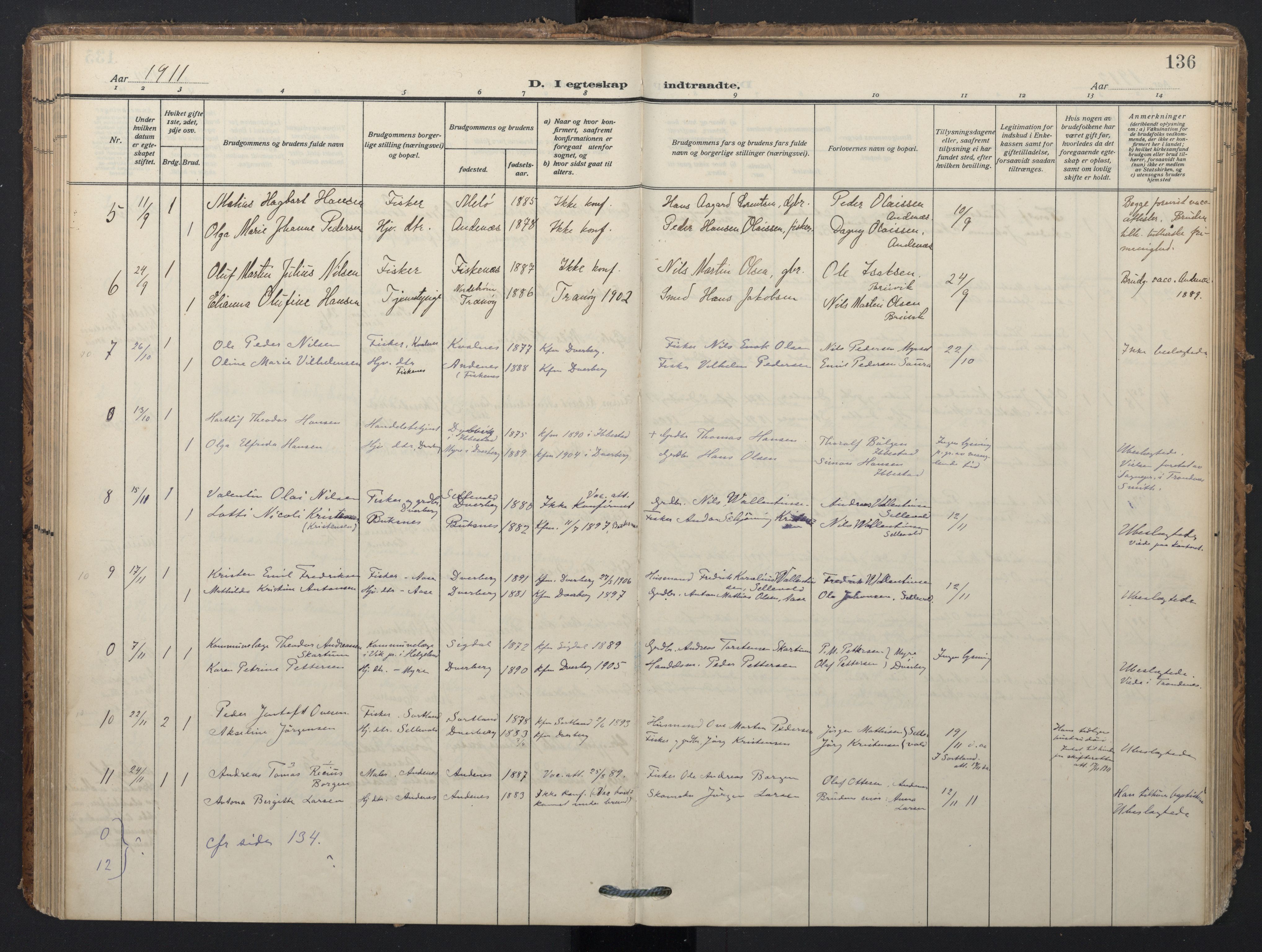 Ministerialprotokoller, klokkerbøker og fødselsregistre - Nordland, SAT/A-1459/897/L1401: Parish register (official) no. 897A08, 1909-1921, p. 136