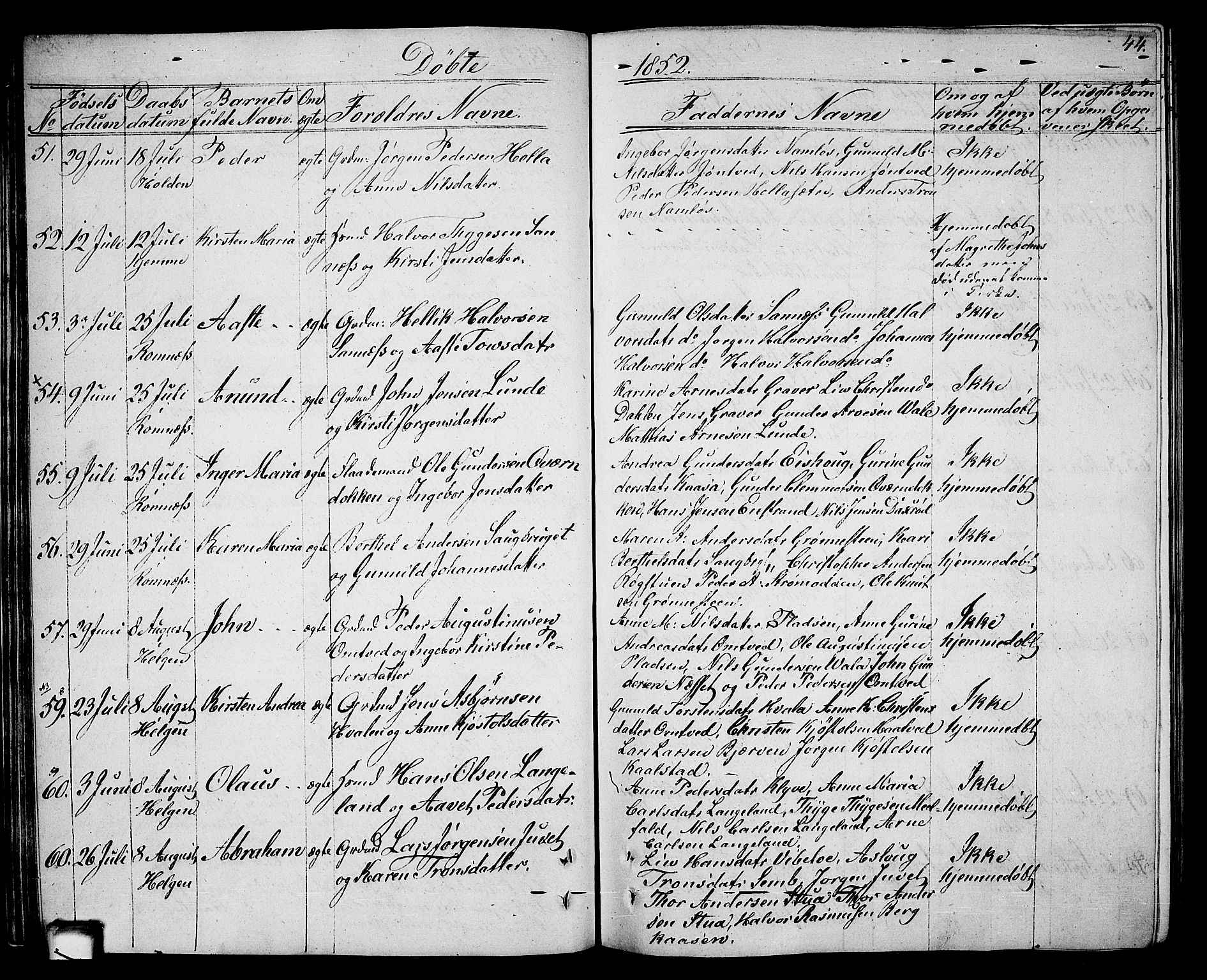 Holla kirkebøker, AV/SAKO-A-272/G/Ga/L0003: Parish register (copy) no. I 3, 1849-1866, p. 44