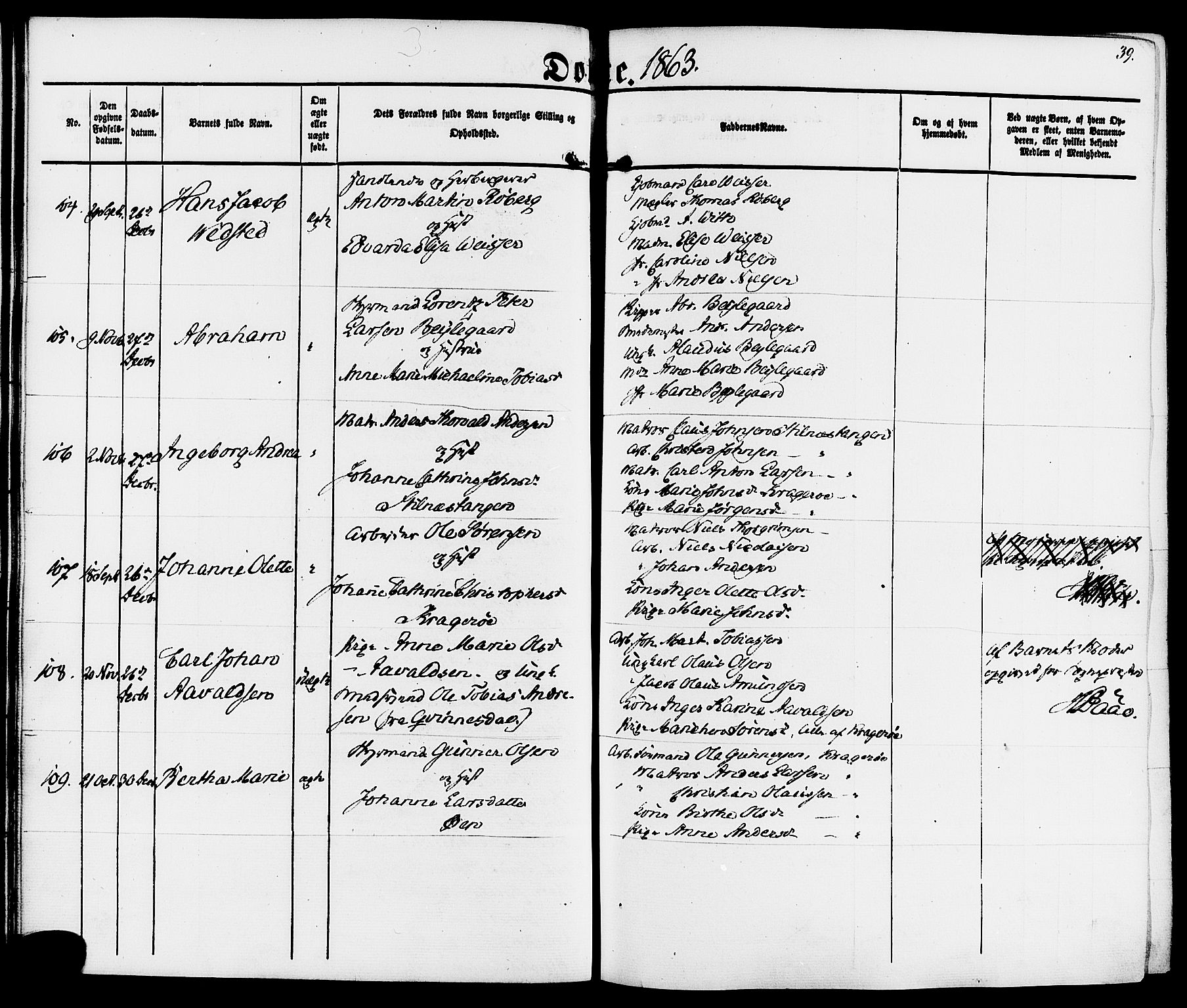 Kragerø kirkebøker, SAKO/A-278/F/Fa/L0007: Parish register (official) no. 7, 1861-1875, p. 39