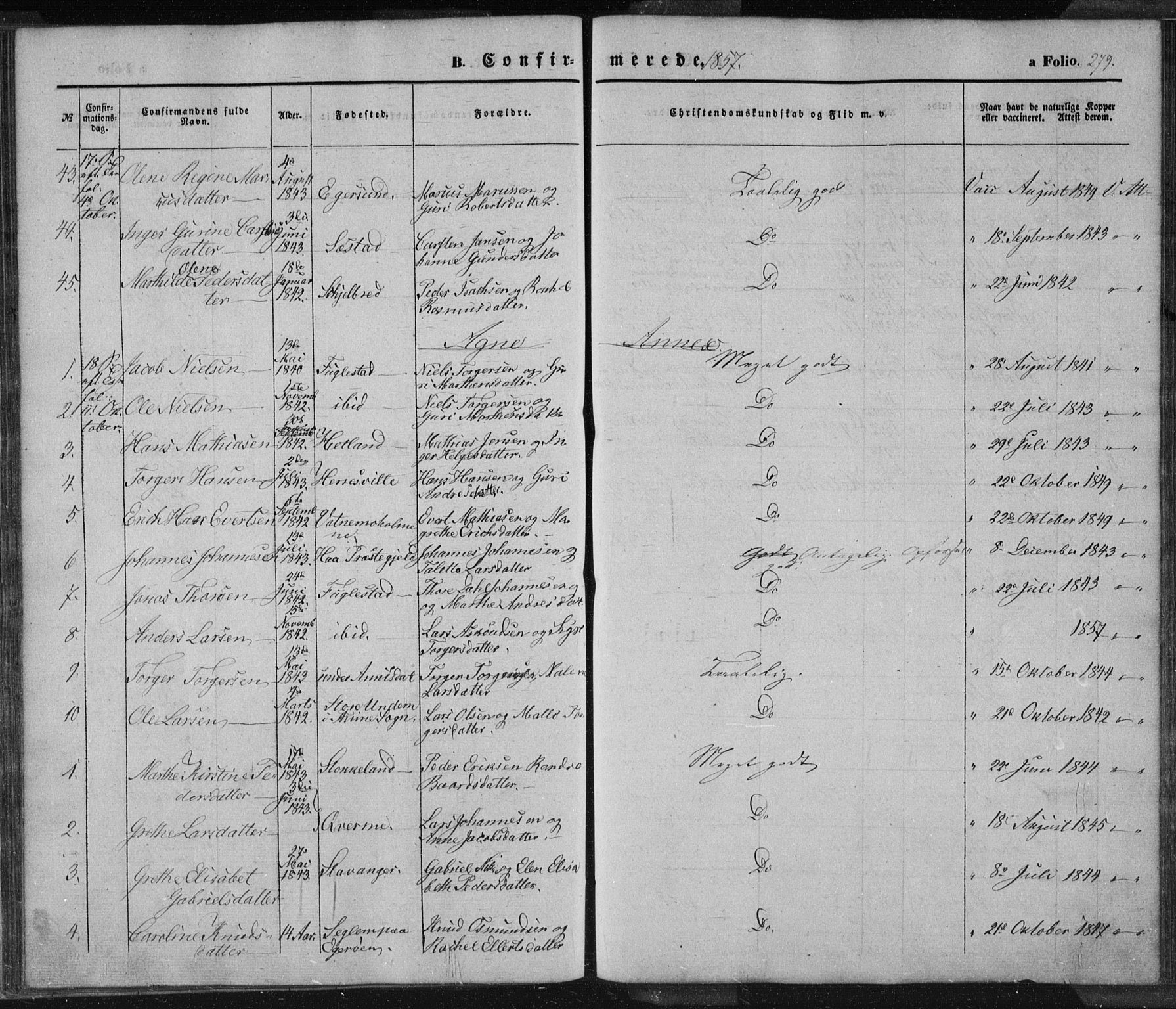 Eigersund sokneprestkontor, SAST/A-101807/S08/L0012: Parish register (official) no. A 12.1, 1850-1865, p. 279
