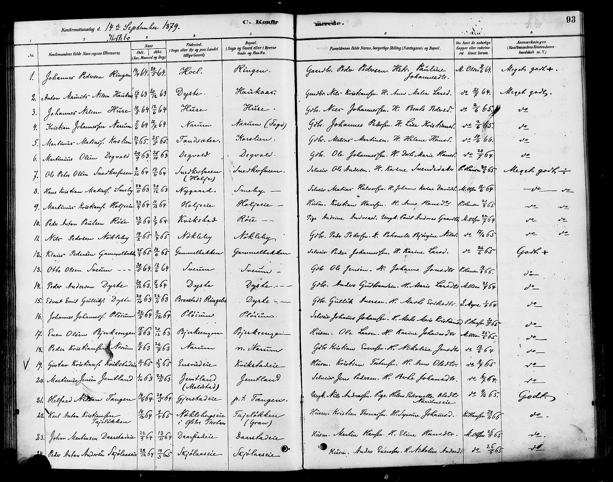 Vestre Toten prestekontor, SAH/PREST-108/H/Ha/Haa/L0010: Parish register (official) no. 10, 1878-1894, p. 93