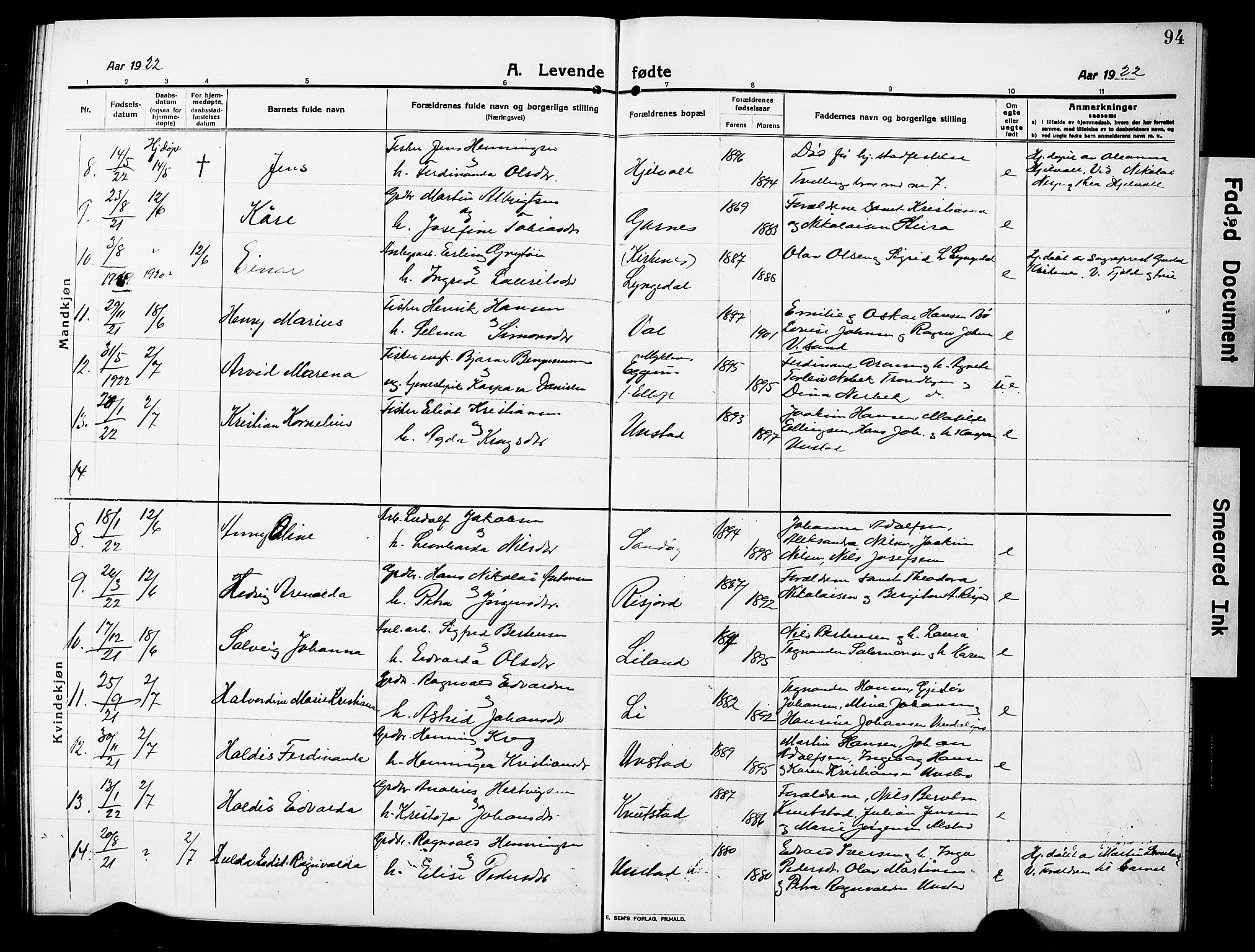 Ministerialprotokoller, klokkerbøker og fødselsregistre - Nordland, AV/SAT-A-1459/880/L1142: Parish register (copy) no. 880C04, 1913-1930, p. 94