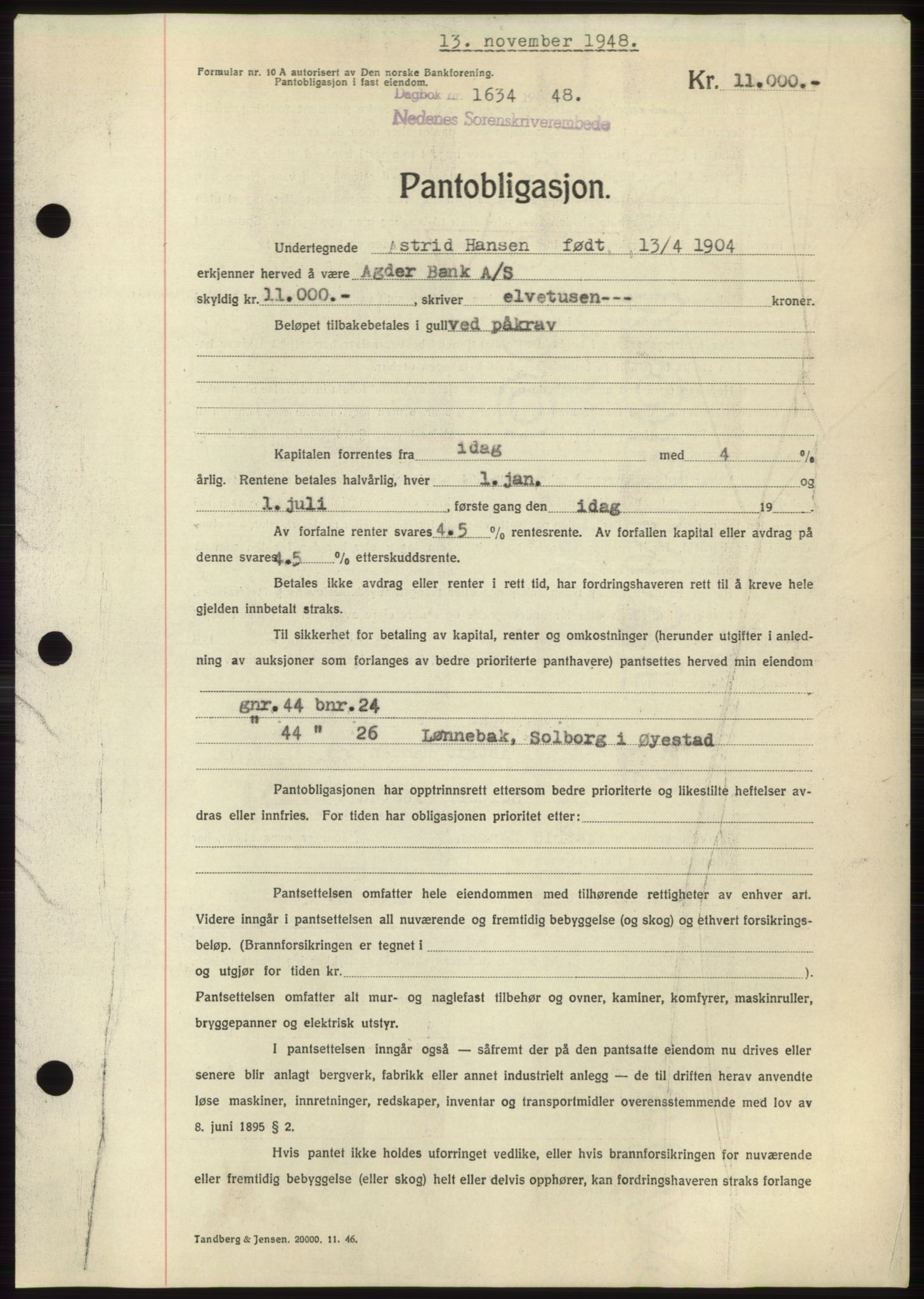 Nedenes sorenskriveri, AV/SAK-1221-0006/G/Gb/Gbb/L0005: Mortgage book no. B5, 1948-1948, Diary no: : 1634/1948