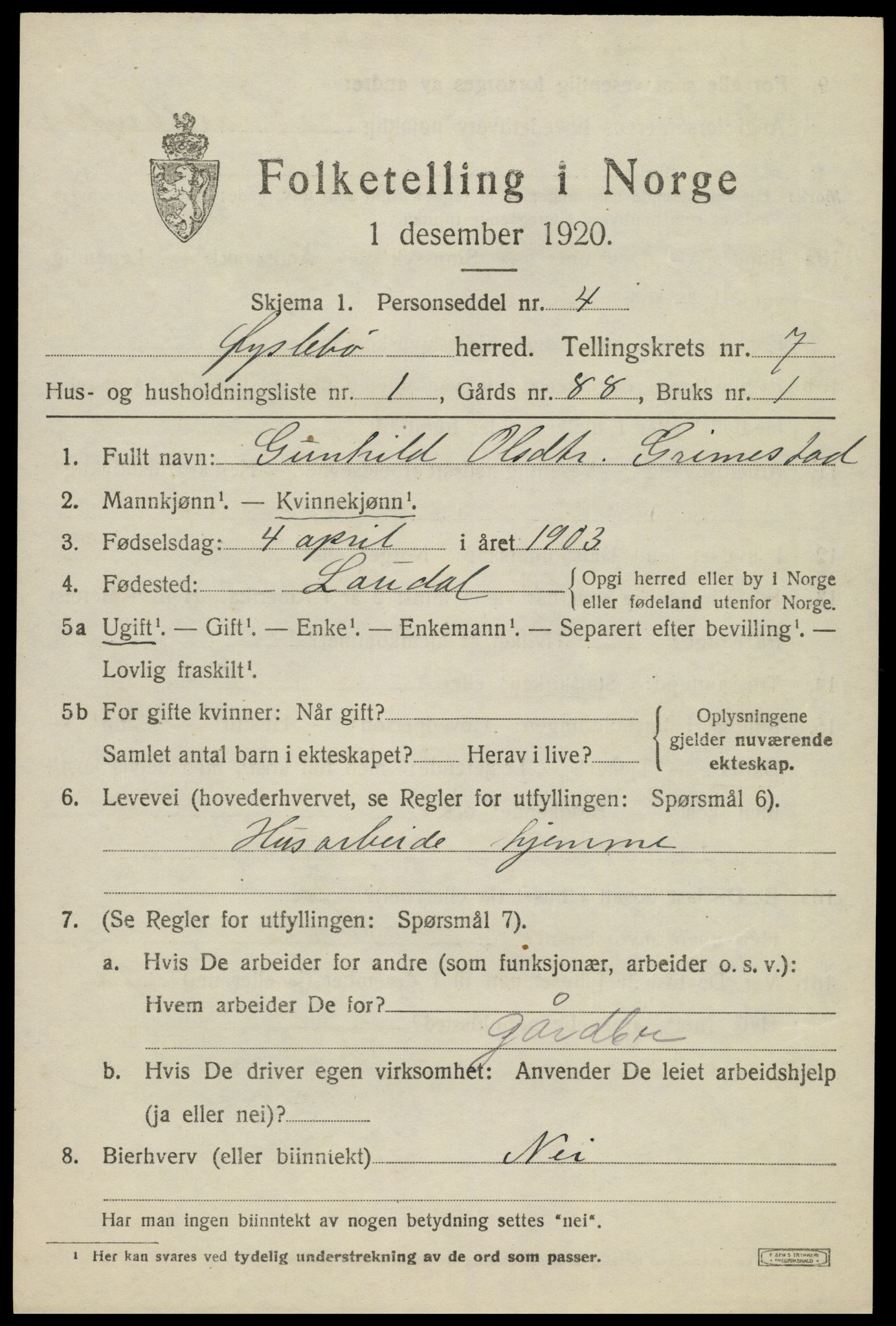 SAK, 1920 census for Øyslebø, 1920, p. 2216