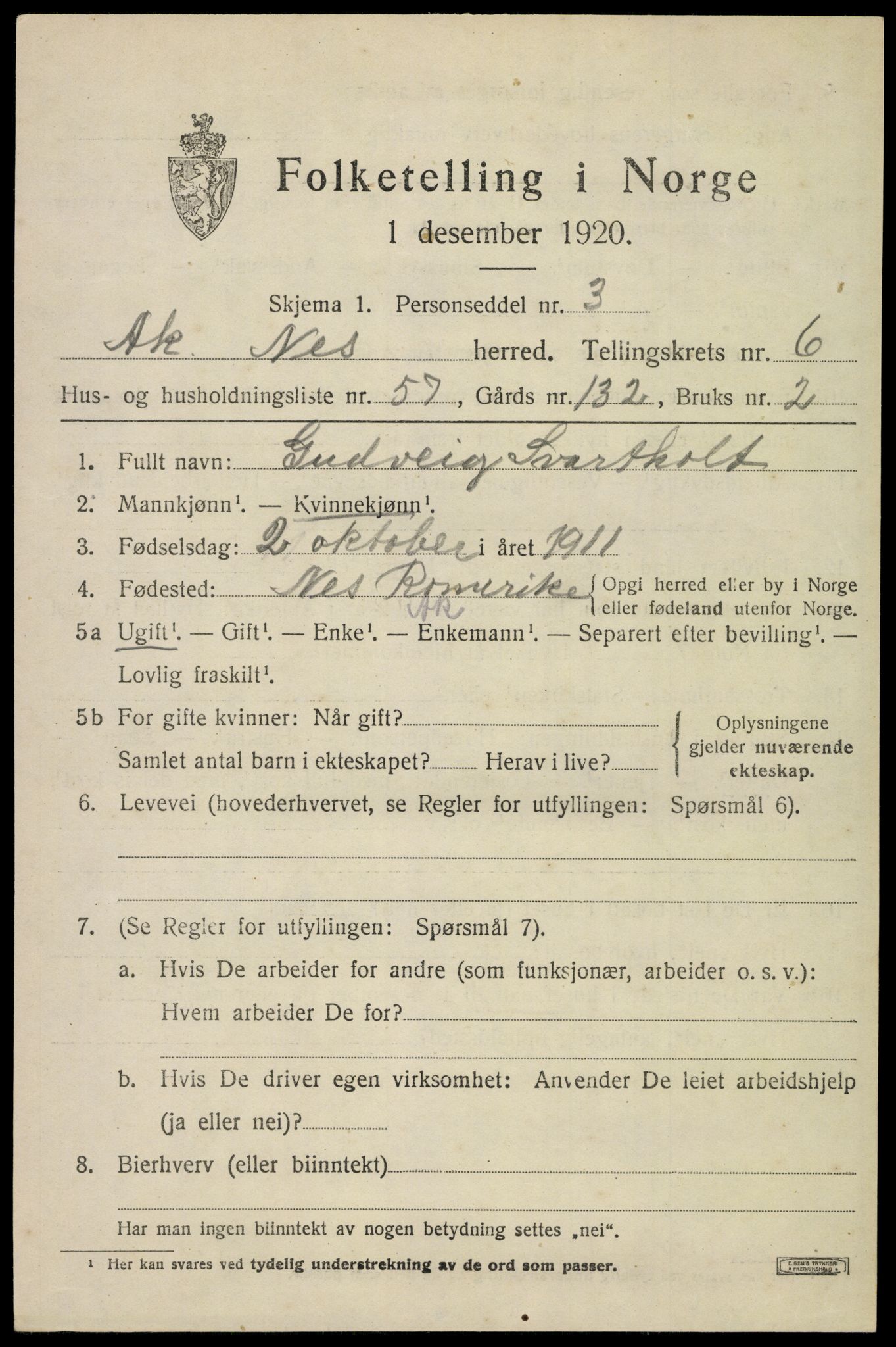 SAO, 1920 census for Nes, 1920, p. 8310