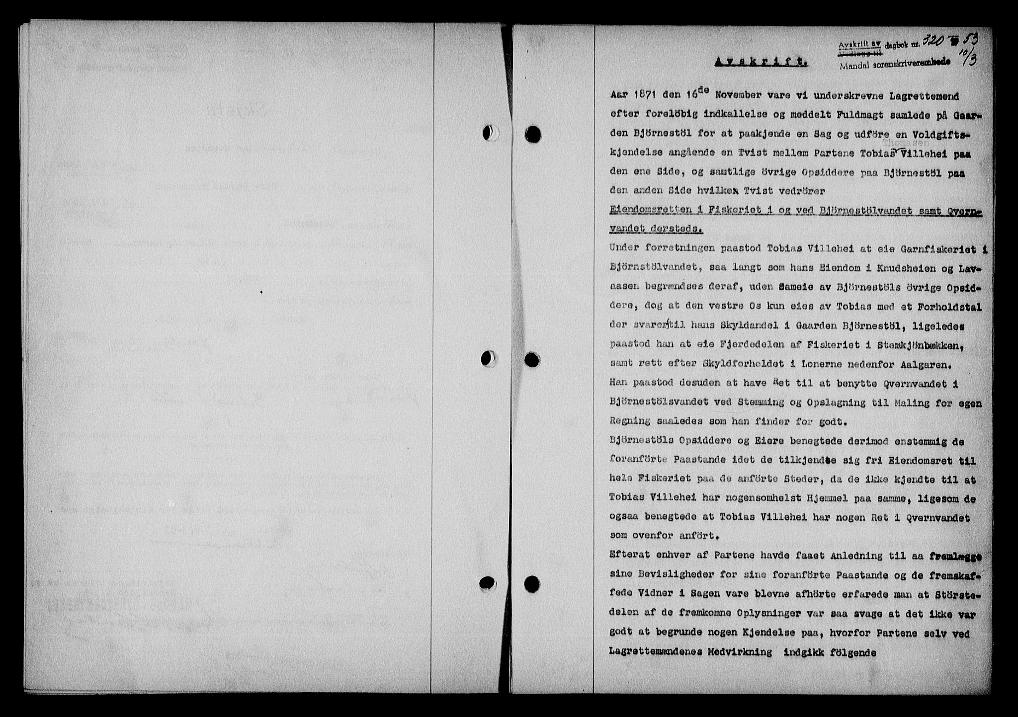 Mandal sorenskriveri, SAK/1221-0005/001/G/Gb/Gba/L0087: Mortgage book no. A-24, 1953-1953, Diary no: : 320/1953