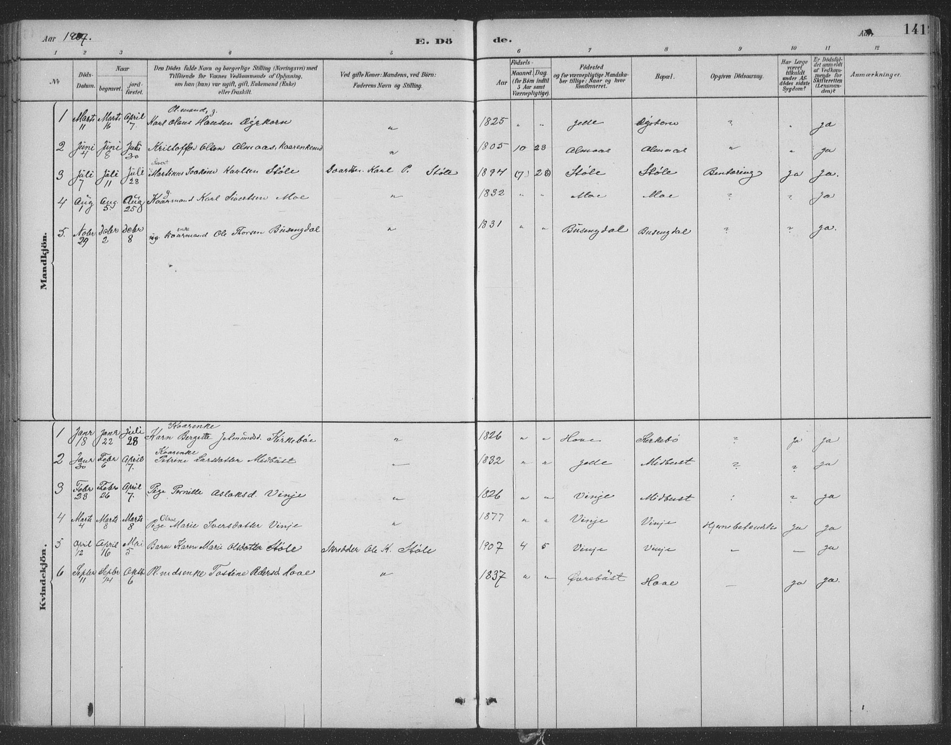 Ministerialprotokoller, klokkerbøker og fødselsregistre - Møre og Romsdal, SAT/A-1454/521/L0299: Parish register (official) no. 521A01, 1882-1907, p. 141