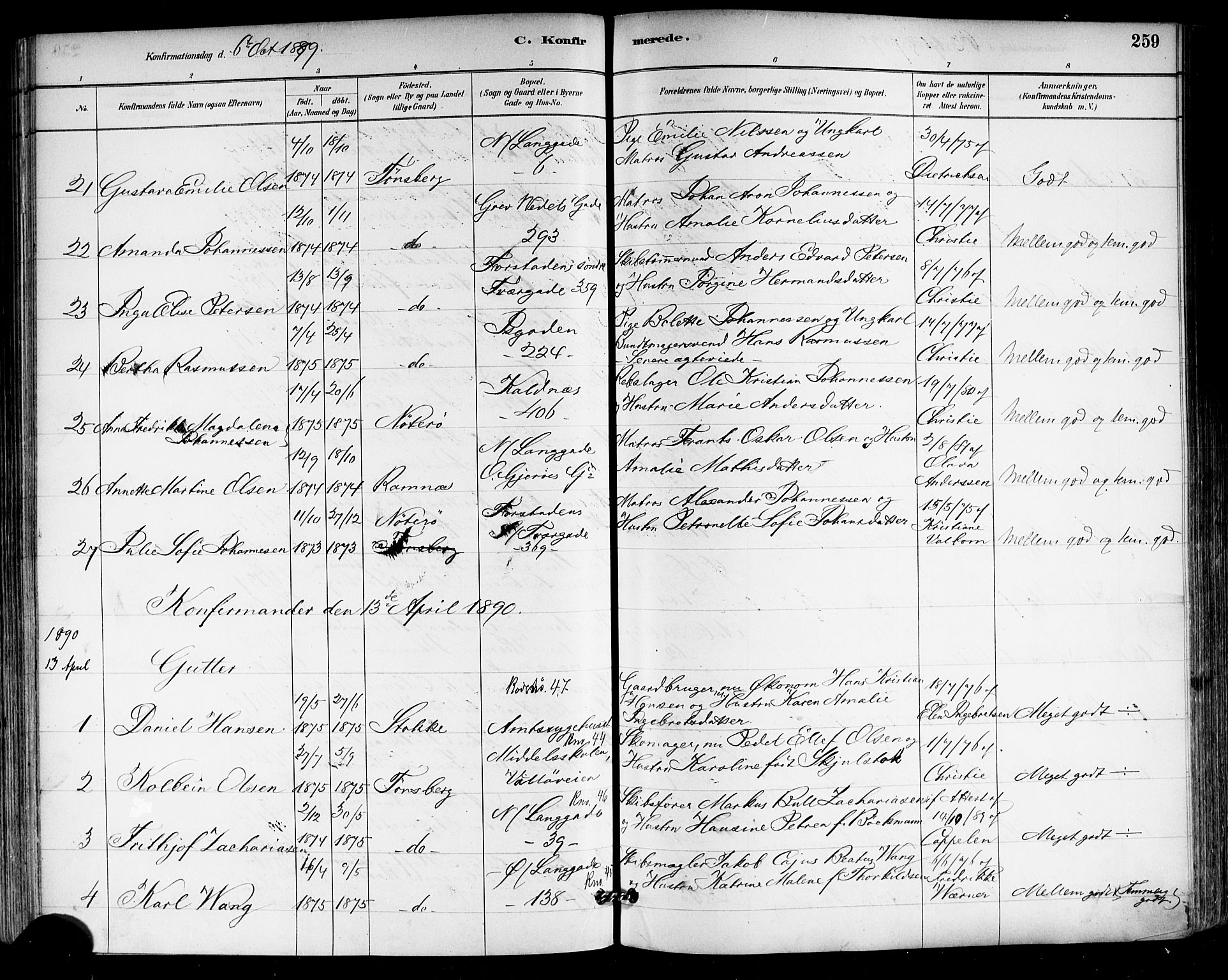 Tønsberg kirkebøker, AV/SAKO-A-330/F/Fa/L0011: Parish register (official) no. I 11, 1881-1890, p. 259