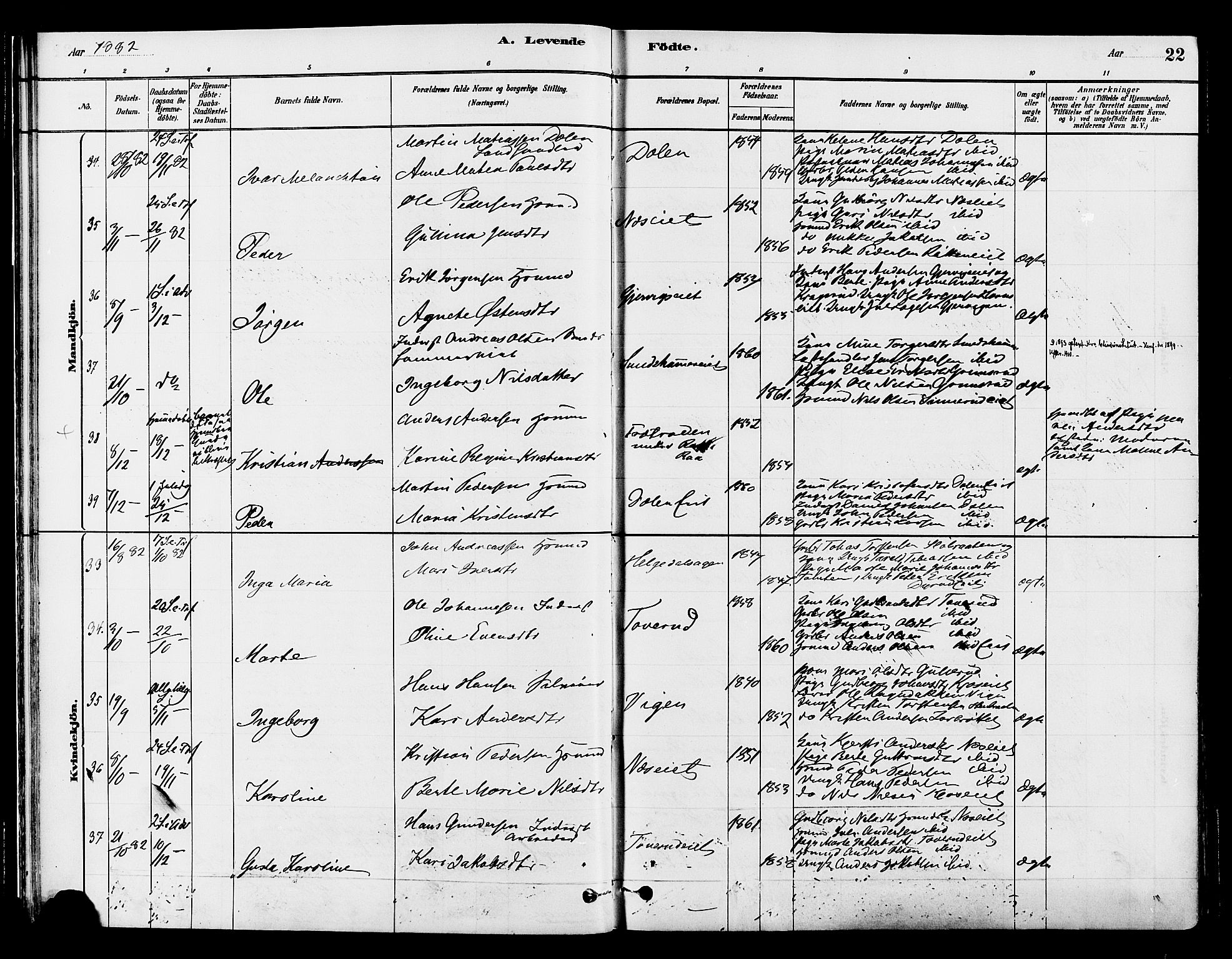 Gran prestekontor, SAH/PREST-112/H/Ha/Haa/L0015: Parish register (official) no. 15, 1880-1888, p. 22