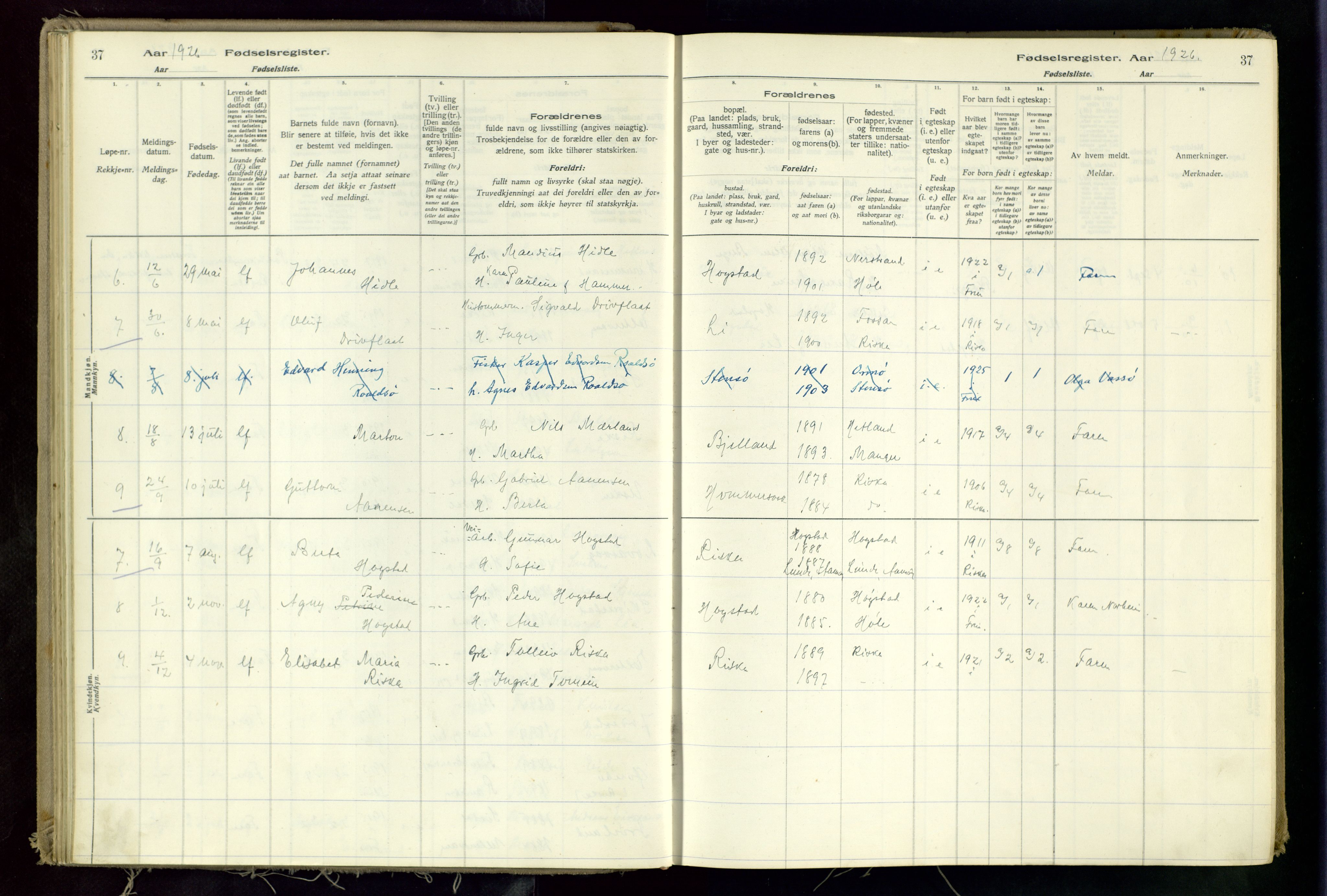 Hetland sokneprestkontor, AV/SAST-A-101826/70/704BA/L0002: Birth register no. 2, 1916-1968, p. 37