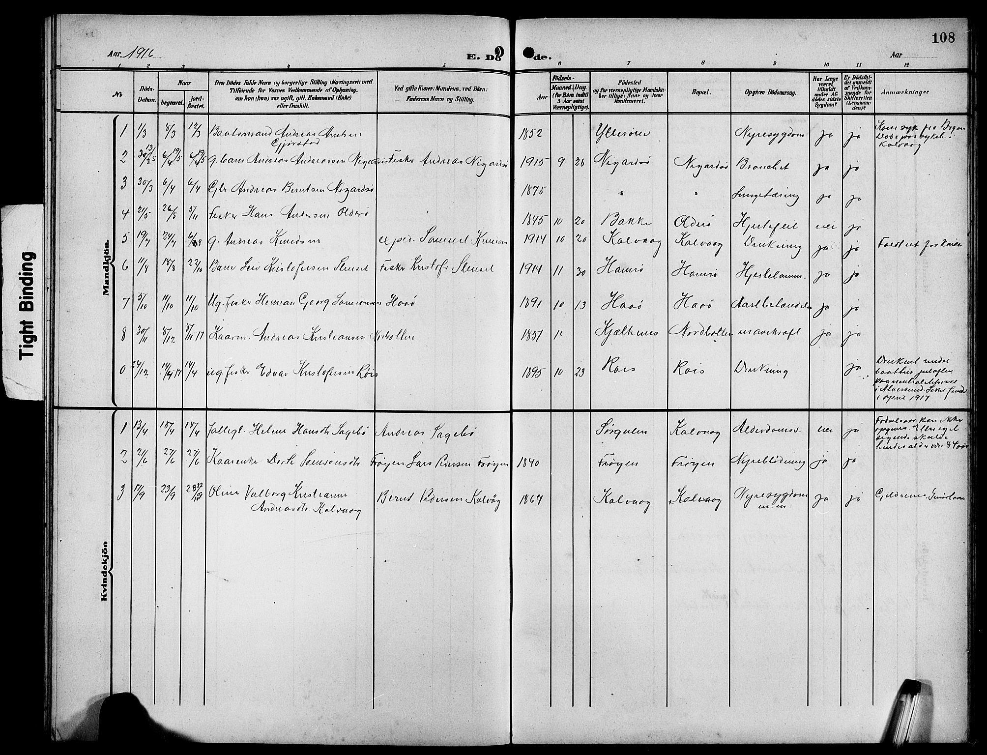 Bremanger sokneprestembete, SAB/A-82201/H/Hab/Habb/L0001: Parish register (copy) no. B 1, 1906-1925, p. 108