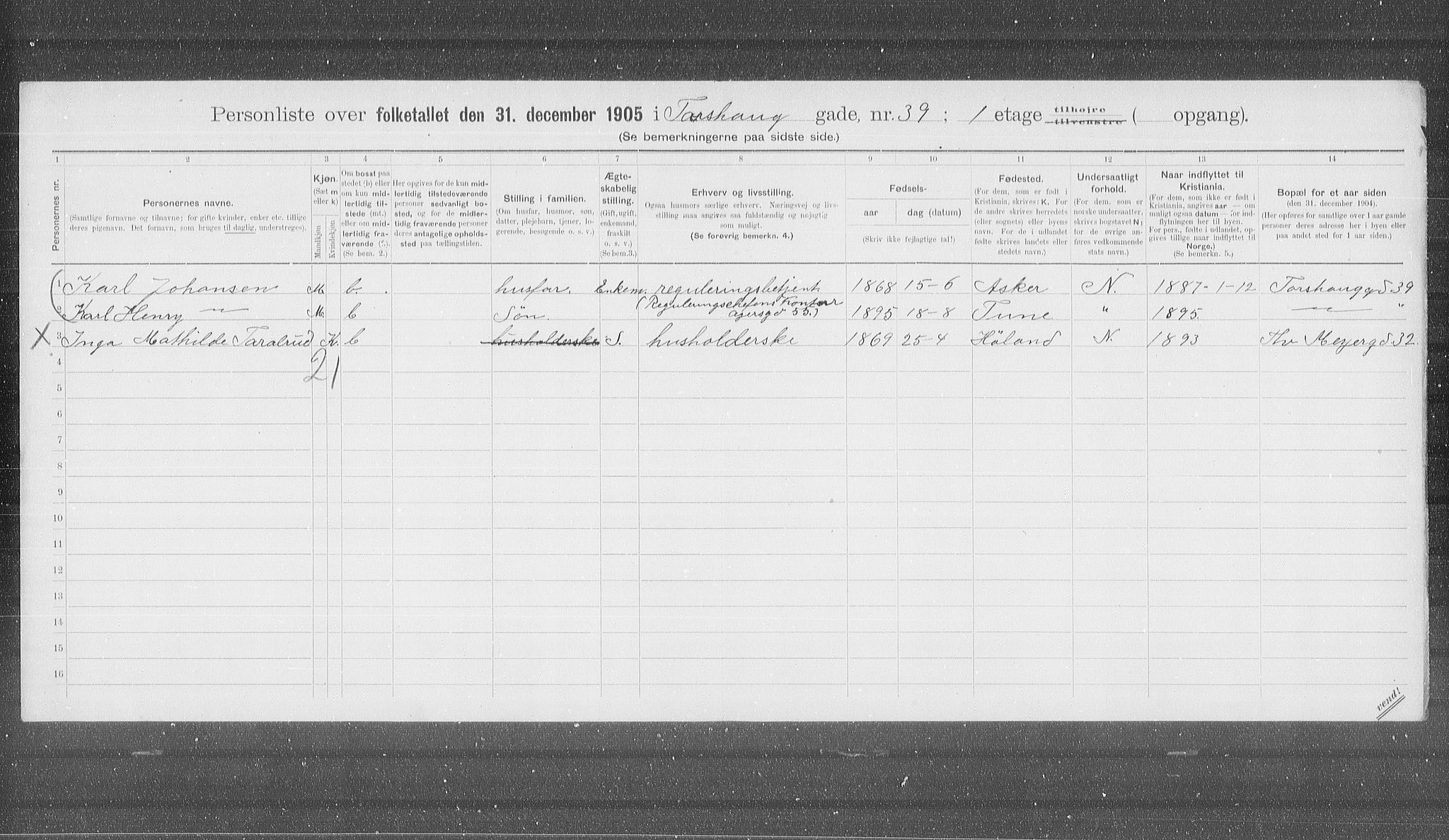 OBA, Municipal Census 1905 for Kristiania, 1905, p. 60128