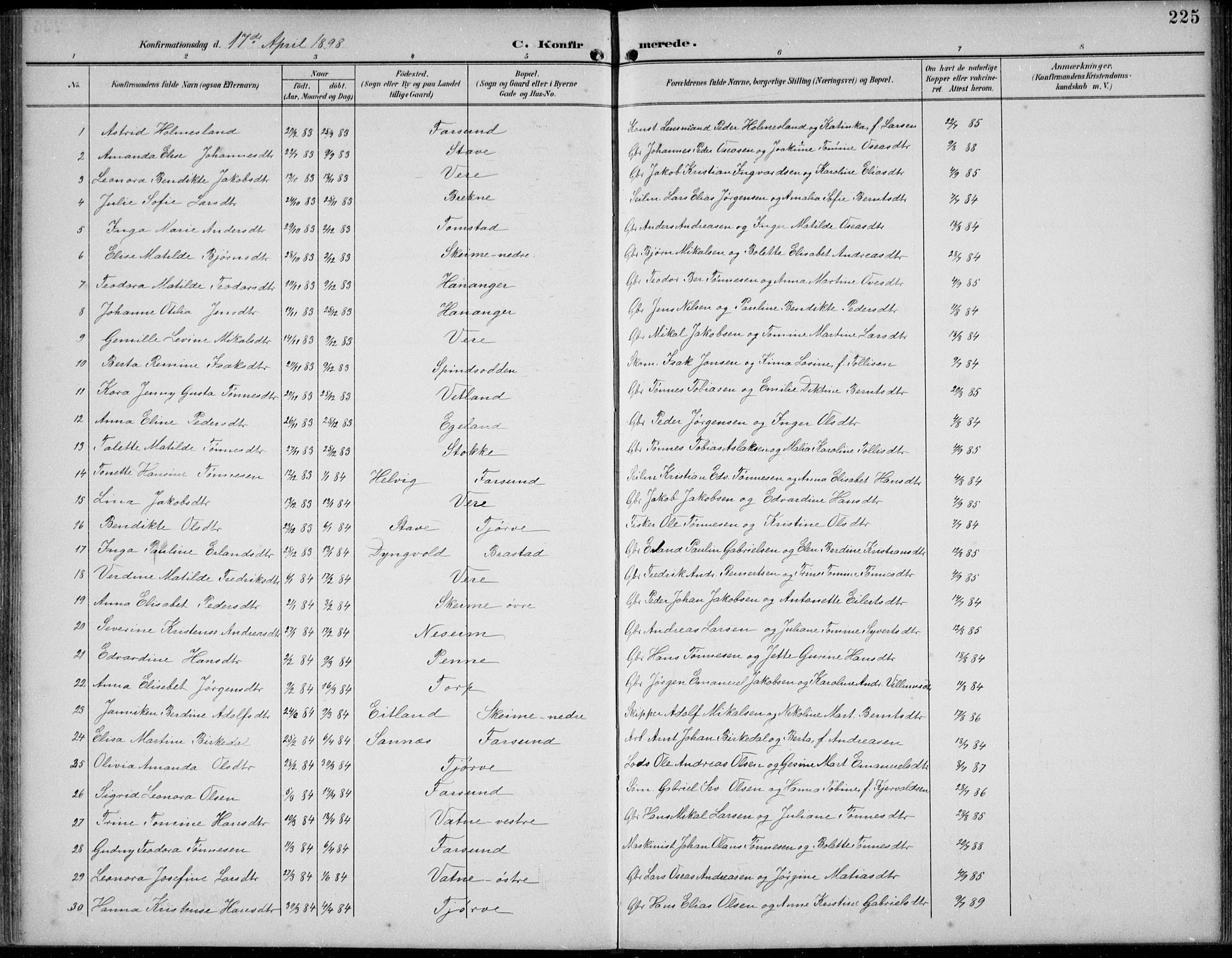 Lista sokneprestkontor, AV/SAK-1111-0027/F/Fb/L0005: Parish register (copy) no. B 5, 1892-1923, p. 225