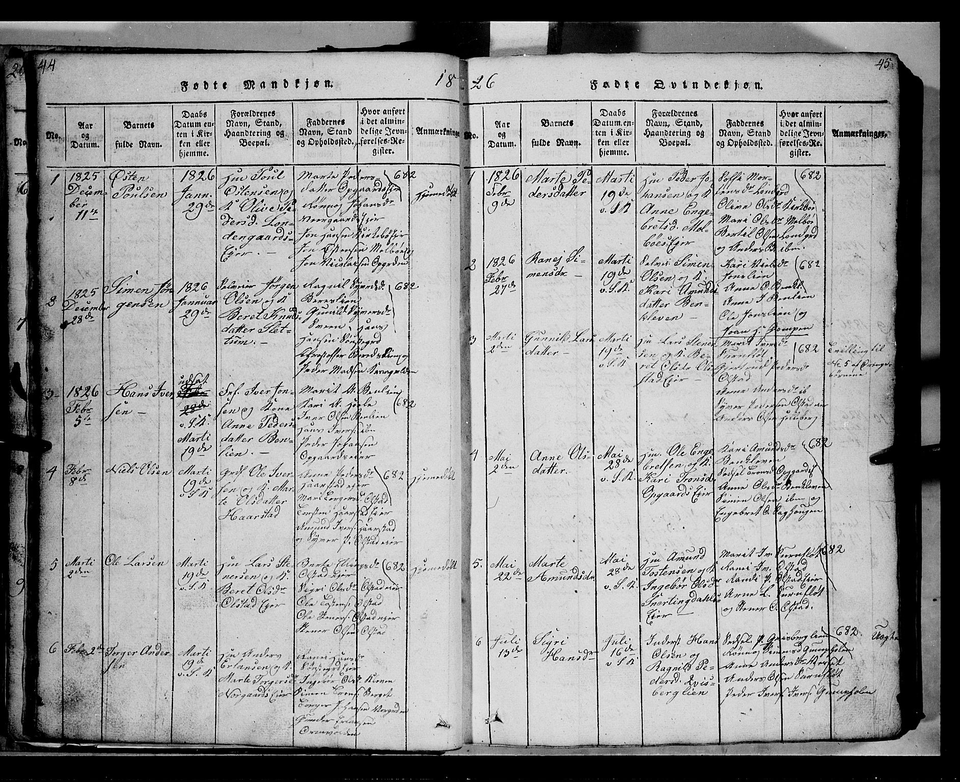 Gausdal prestekontor, SAH/PREST-090/H/Ha/Hab/L0002: Parish register (copy) no. 2, 1818-1874, p. 44-45