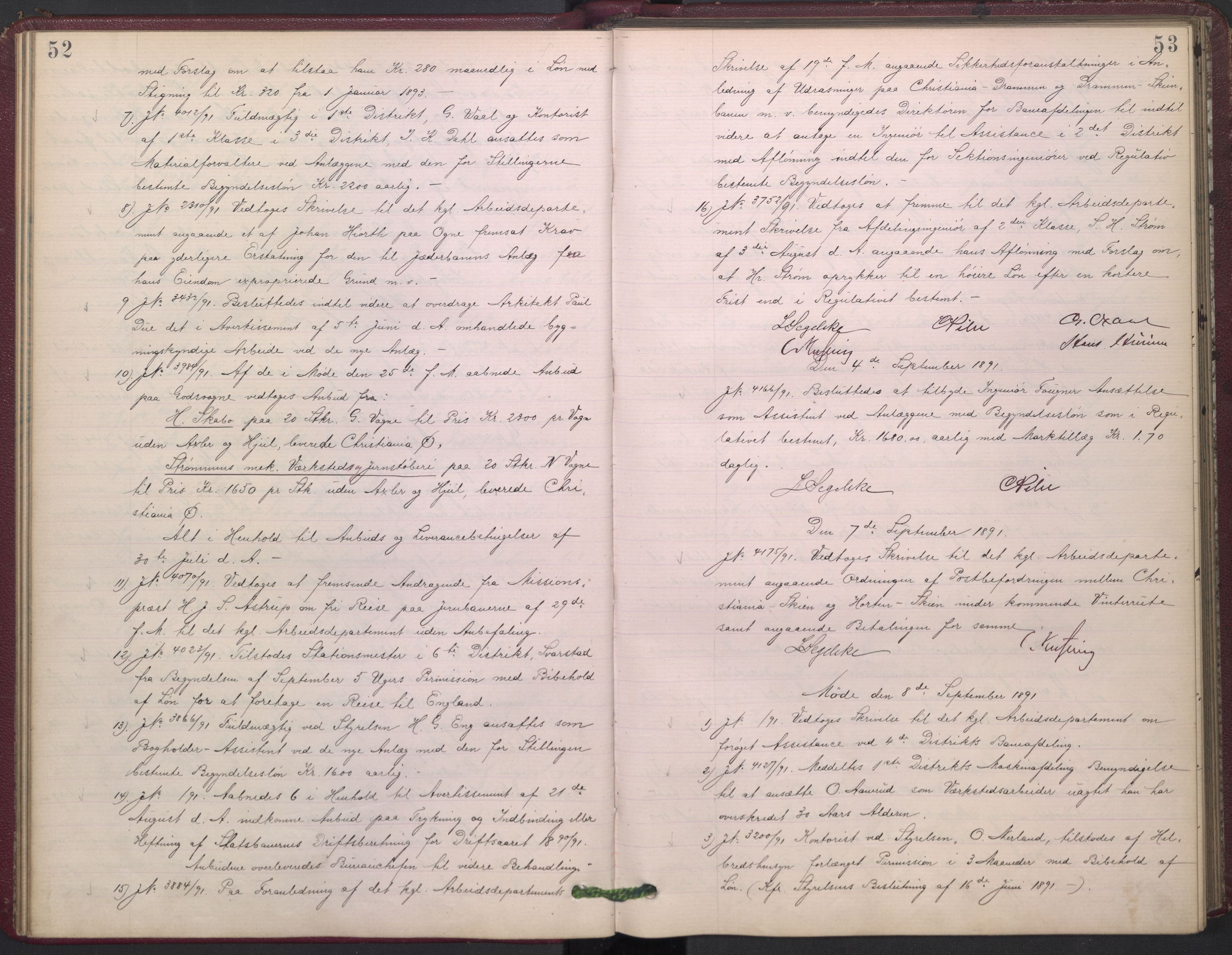Norges statsbaner, Administrasjons- økonomi- og personalavdelingen, AV/RA-S-3412/A/Aa/L0002: Forhandlingsprotokoll, 1891-1893, p. 52-53