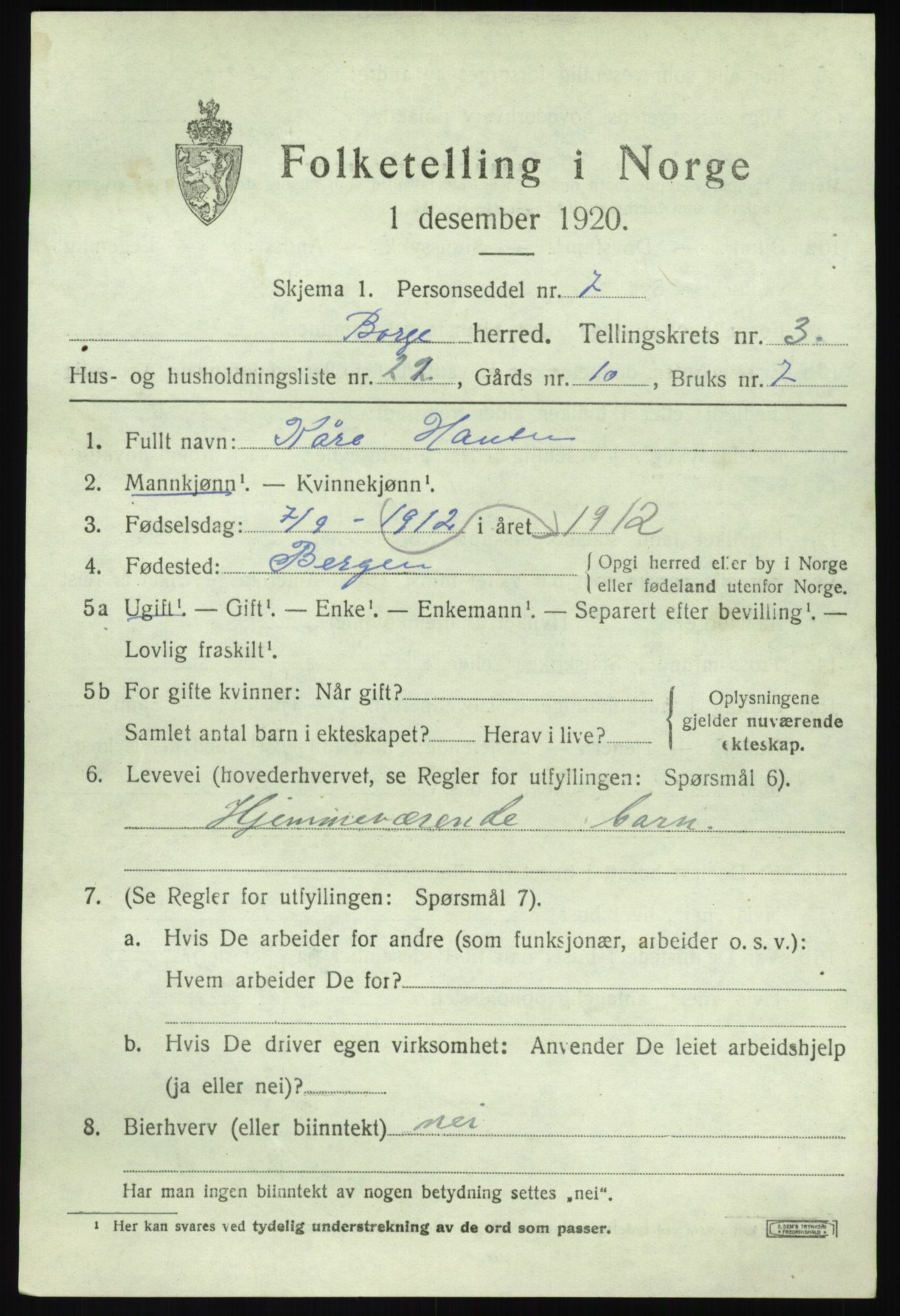 SAO, 1920 census for Borge, 1920, p. 3639