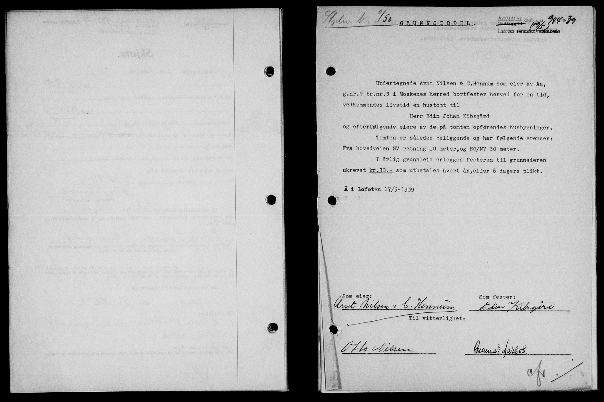 Lofoten sorenskriveri, SAT/A-0017/1/2/2C/L0005a: Mortgage book no. 5a, 1939-1939, Diary no: : 984/1939