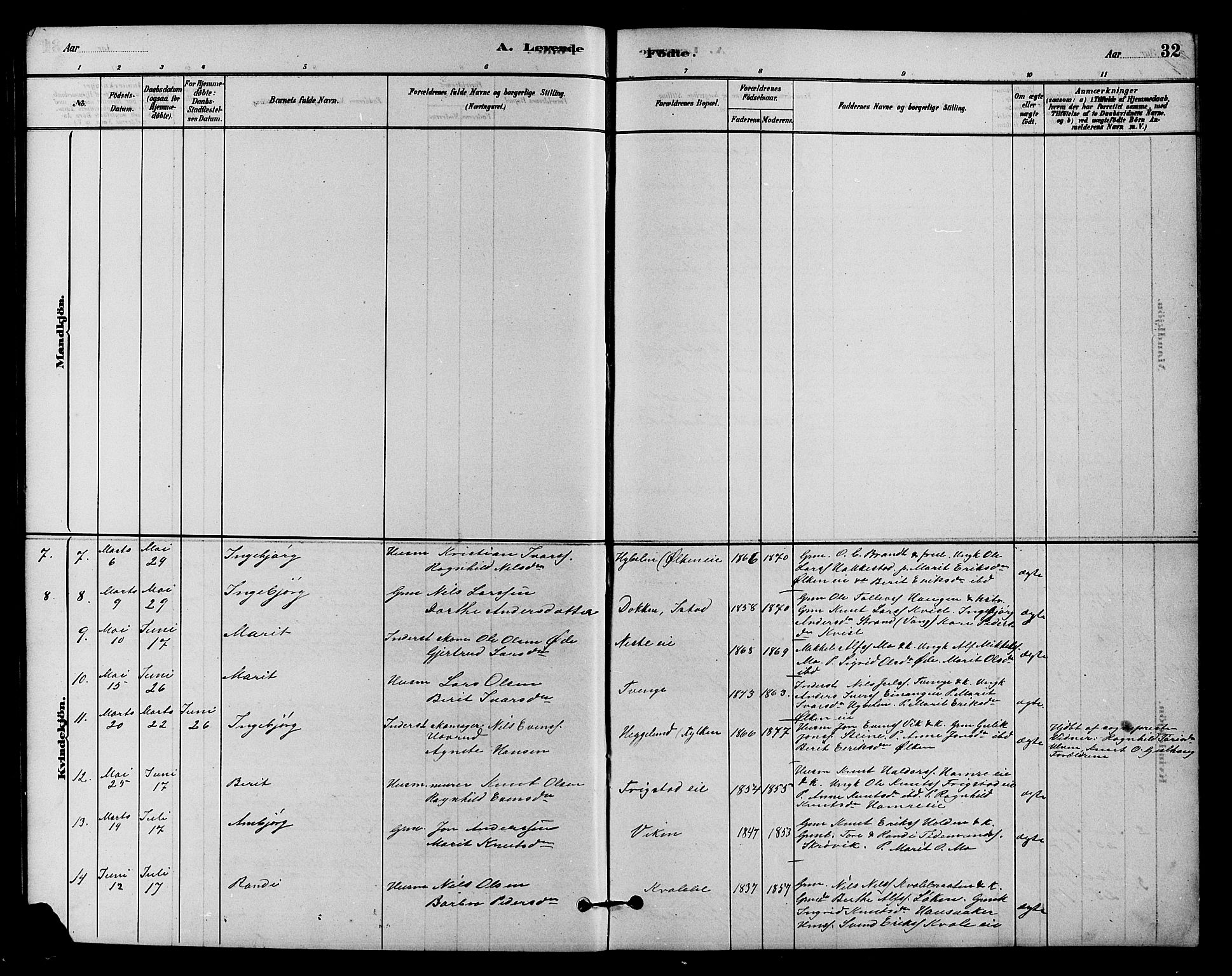 Vestre Slidre prestekontor, SAH/PREST-136/H/Ha/Hab/L0004: Parish register (copy) no. 4, 1881-1912, p. 32