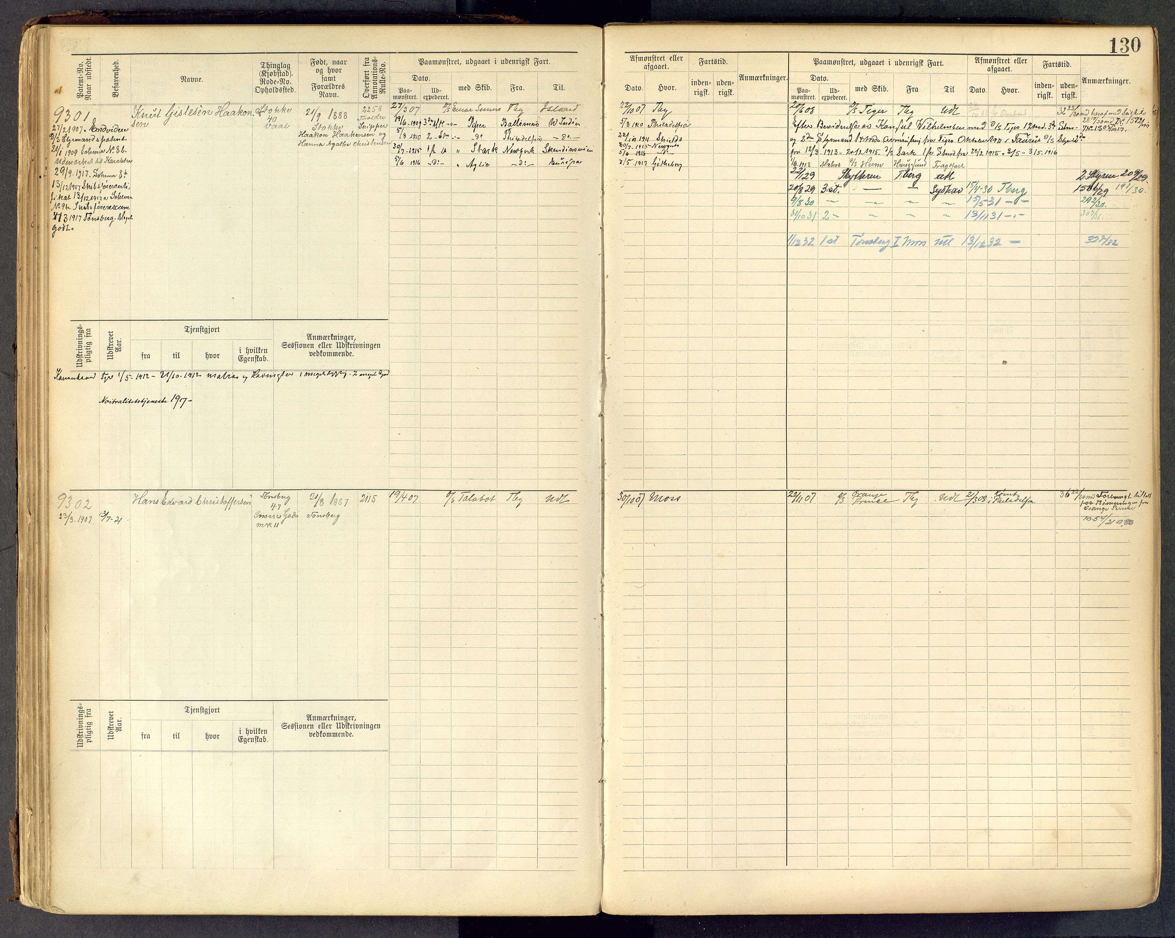 Tønsberg innrulleringskontor, AV/SAKO-A-786/F/Fc/Fcb/L0009: Hovedrulle Patent nr. 9043-9992, 1900-1921, p. 130