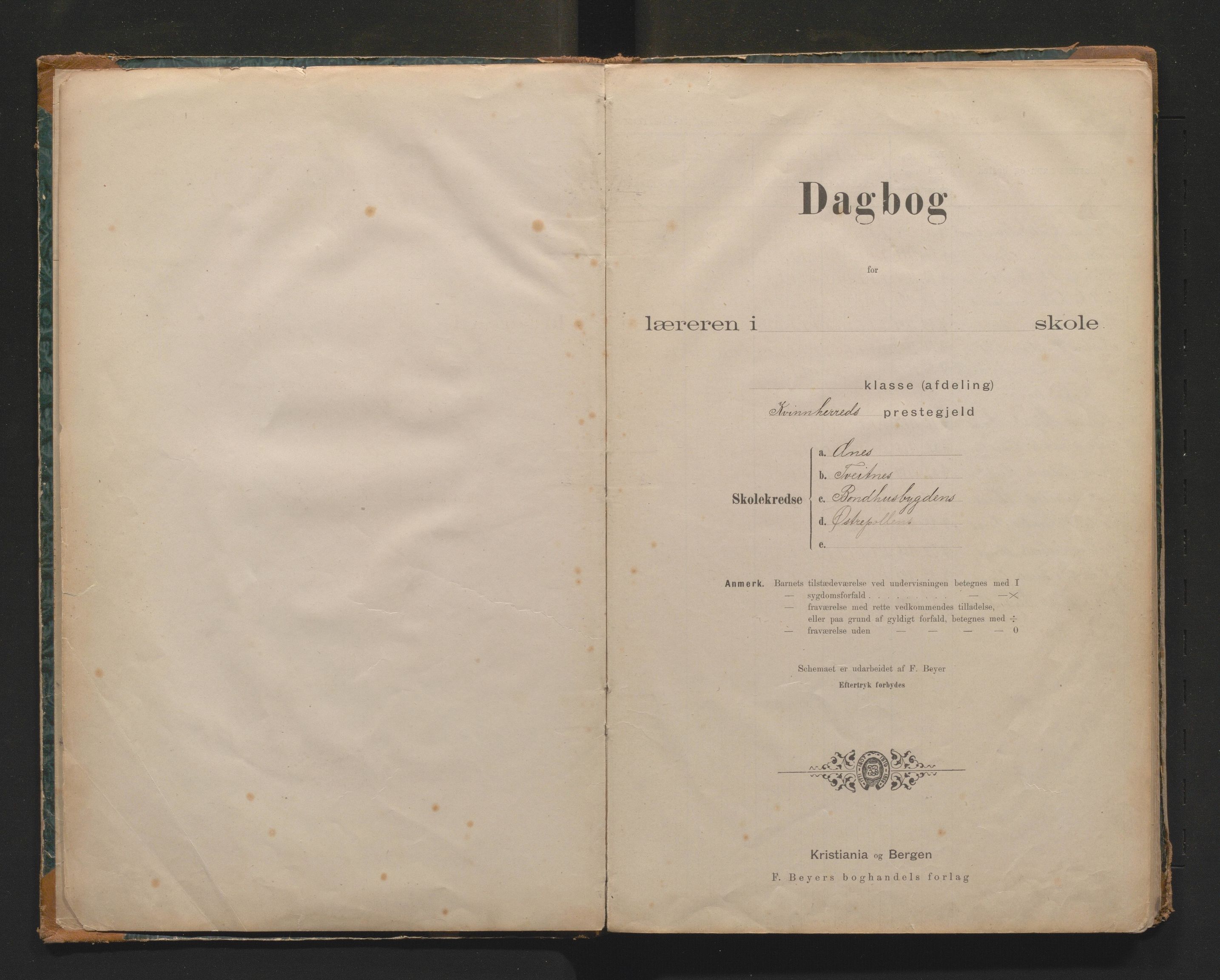 Kvinnherad kommune. Barneskulane, IKAH/1224-231/G/Gc/L0004: Dagbok for Ænes, Fureberg/ Tveitnes, Bondhusbygda og Austrepollen krinsar , 1894-1910