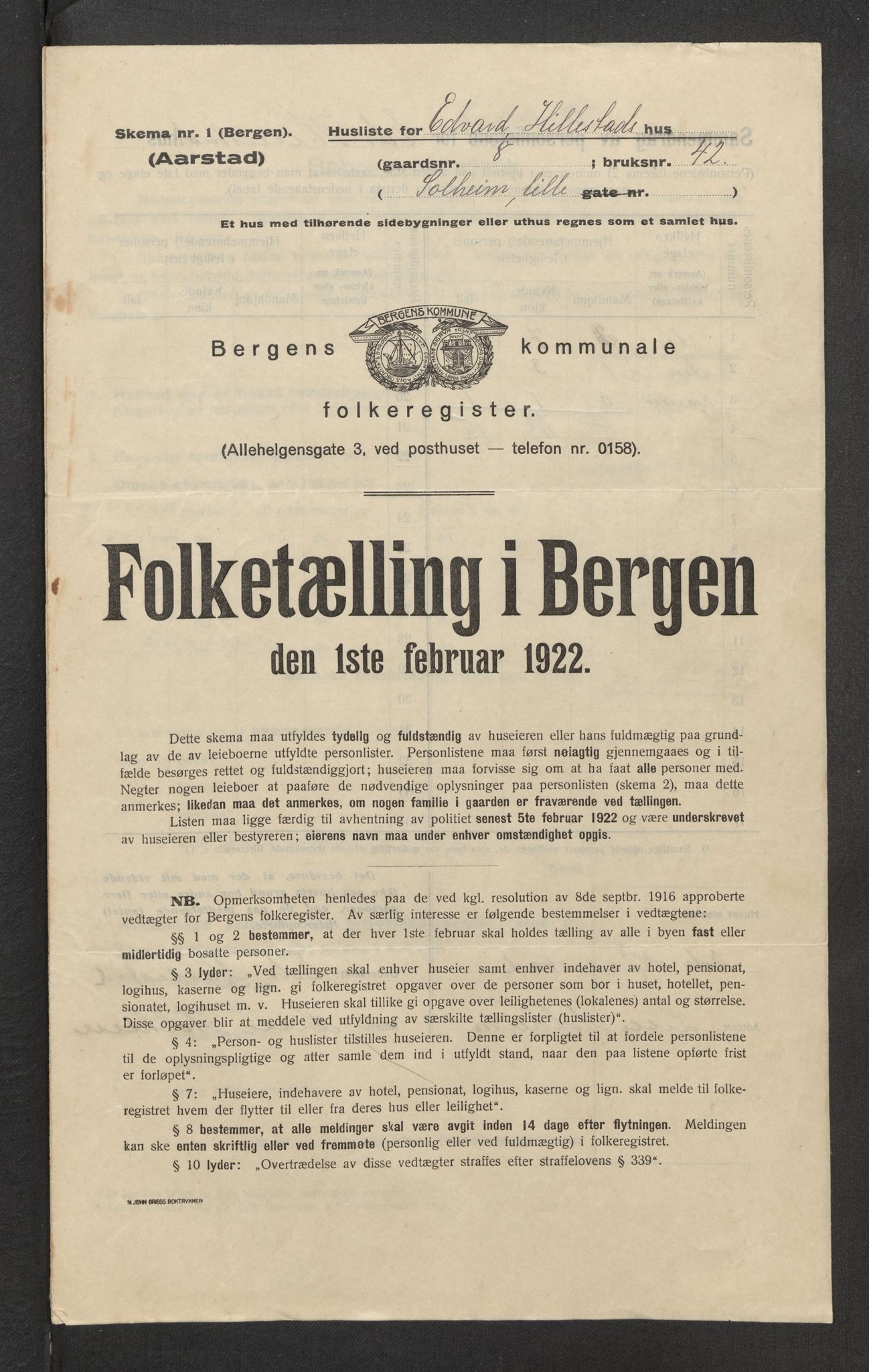 SAB, Municipal Census 1922 for Bergen, 1922, p. 59515