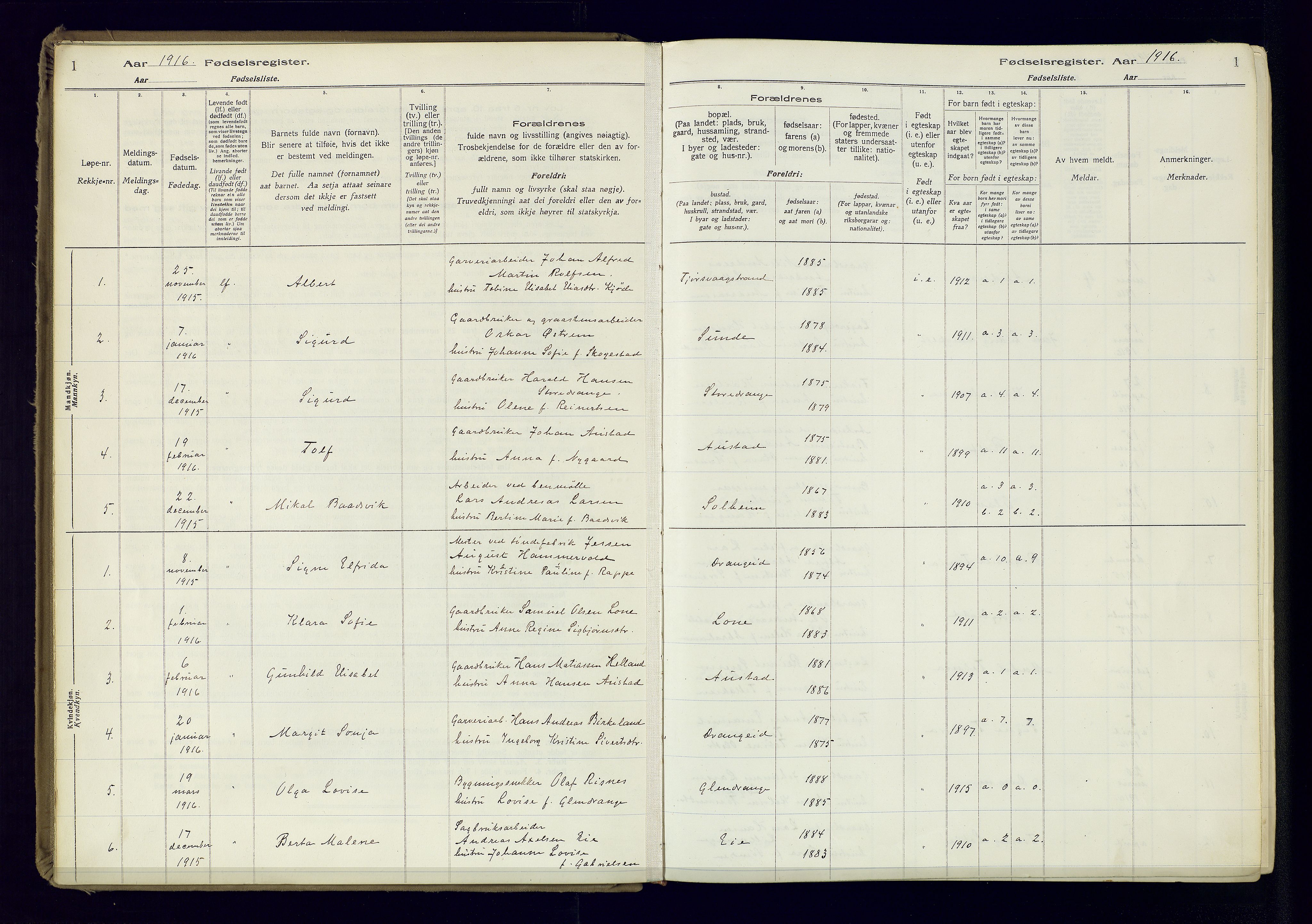 Flekkefjord sokneprestkontor, AV/SAK-1111-0012/J/Ja/L0005: Birth register no. 5, 1916-1950, p. 1