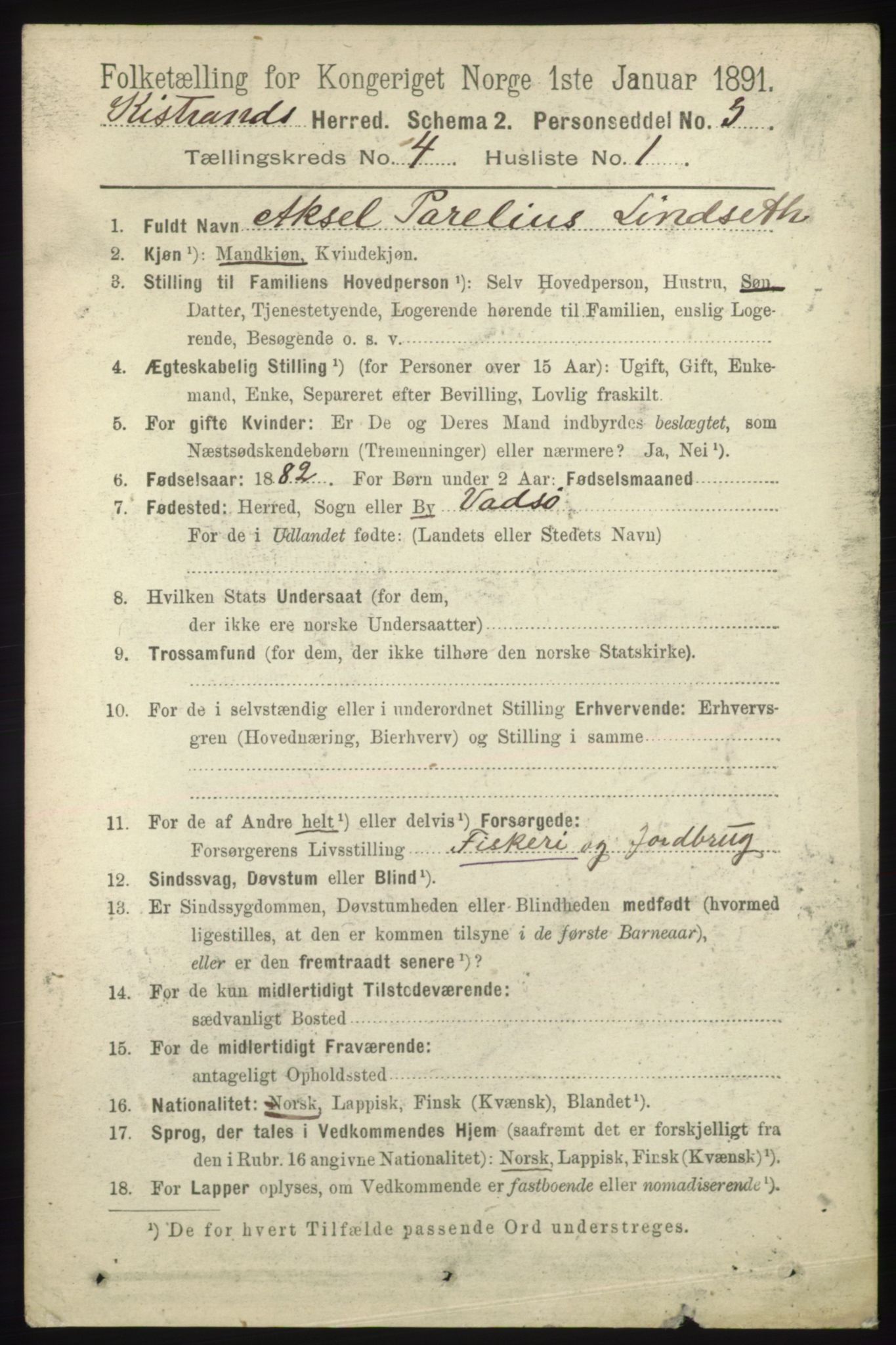 RA, 1891 census for 2020 Kistrand, 1891, p. 1938