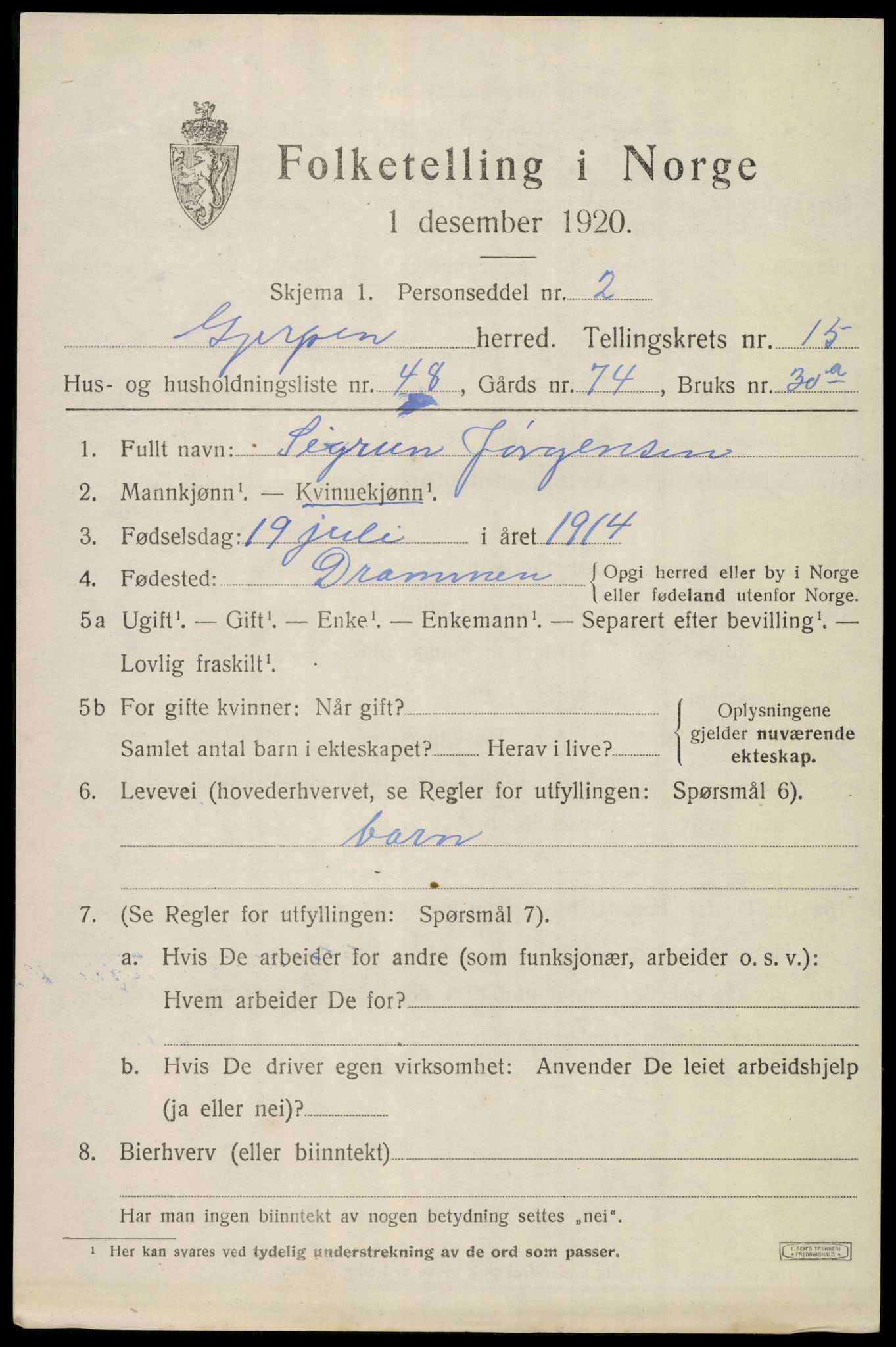 SAKO, 1920 census for Gjerpen, 1920, p. 17818