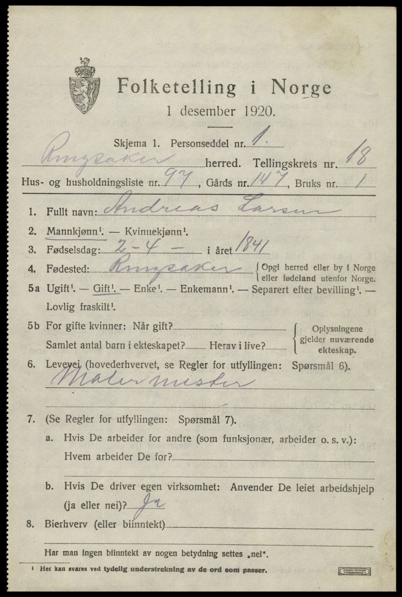 SAH, 1920 census for Ringsaker, 1920, p. 26200