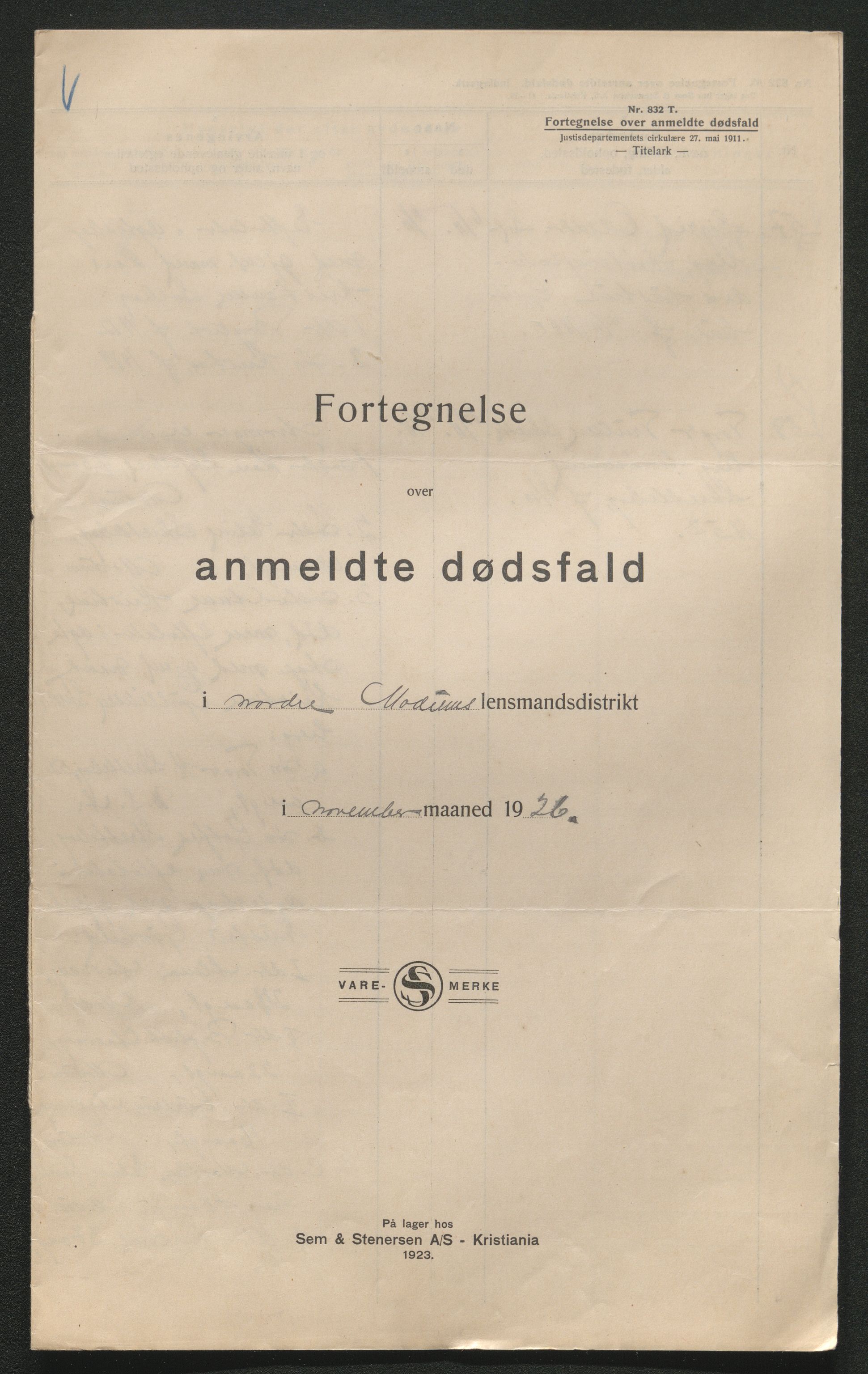 Eiker, Modum og Sigdal sorenskriveri, AV/SAKO-A-123/H/Ha/Hab/L0044: Dødsfallsmeldinger, 1926-1927, p. 463