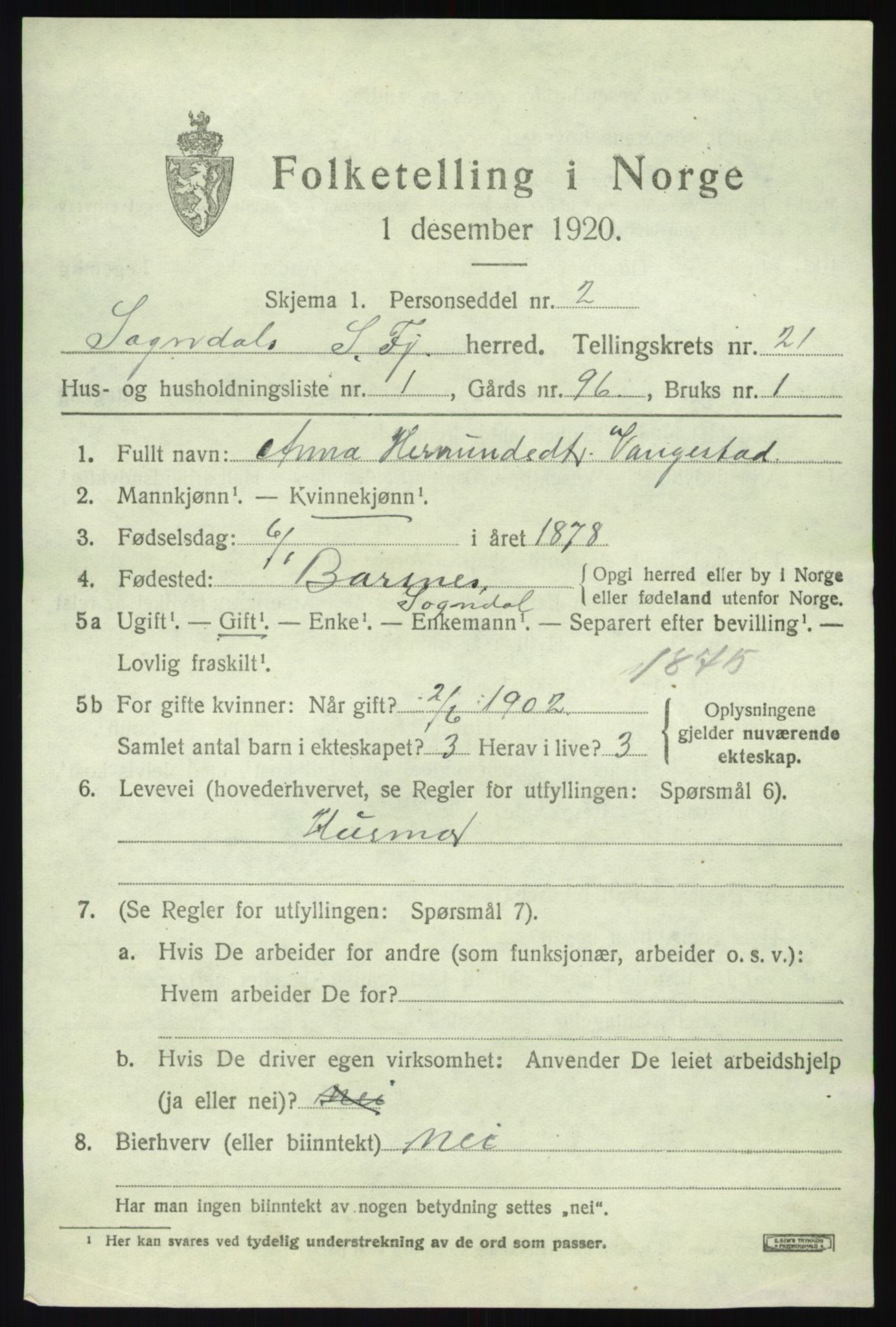 SAB, 1920 census for Sogndal, 1920, p. 7703