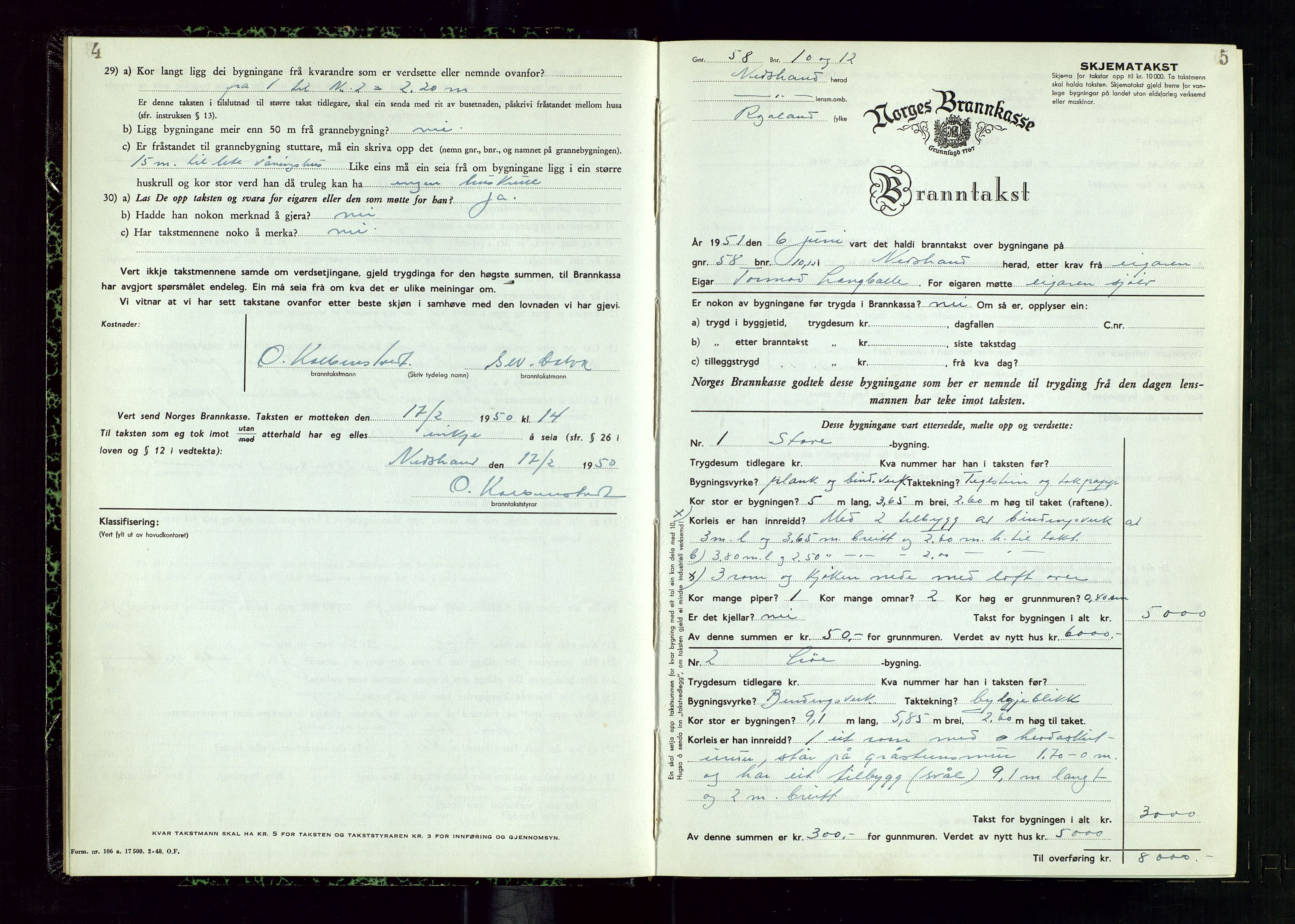 Nedstrand lensmannskontor, SAST/A-100236/Gob/L0003: "Branntakstprotokoll", 1950-1954, p. 4-5